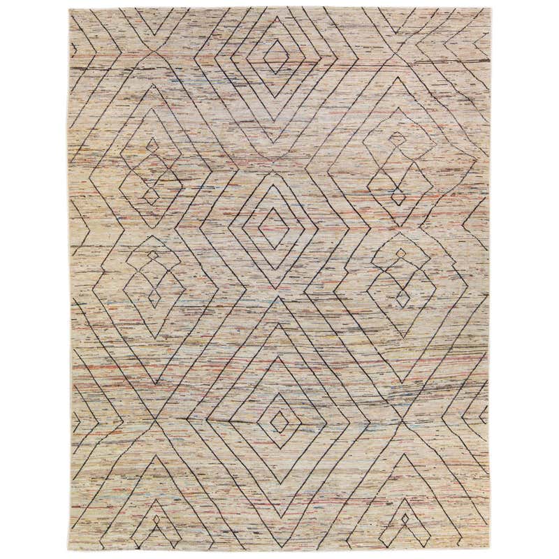 Modern Handmade Blue Greek Key Pattern Beige Oversize Wool Rug For Sale ...