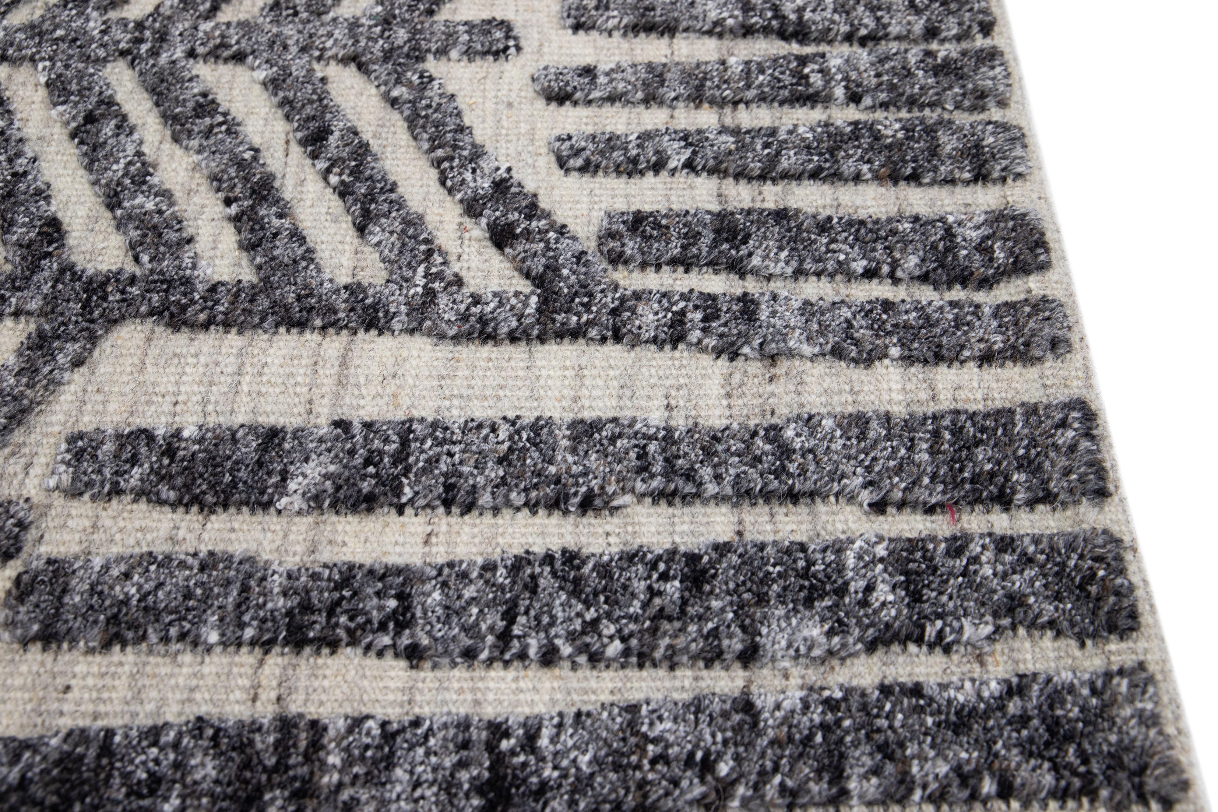 Indian Modern Moroccan Style Beige Handmade Custom Wool Rug For Sale