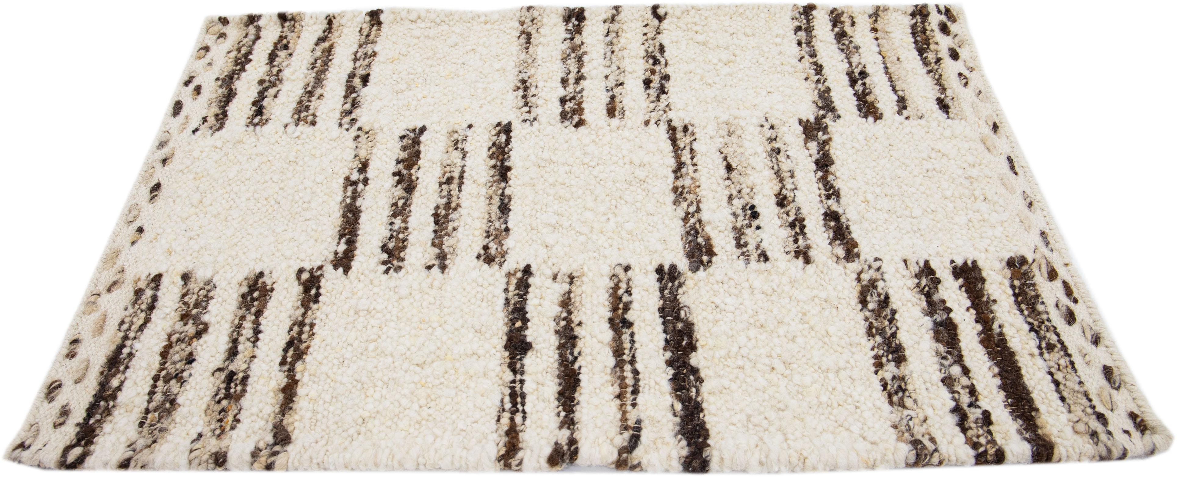 Indian Modern Moroccan Style Beige Handmade Custom Wool Rug For Sale