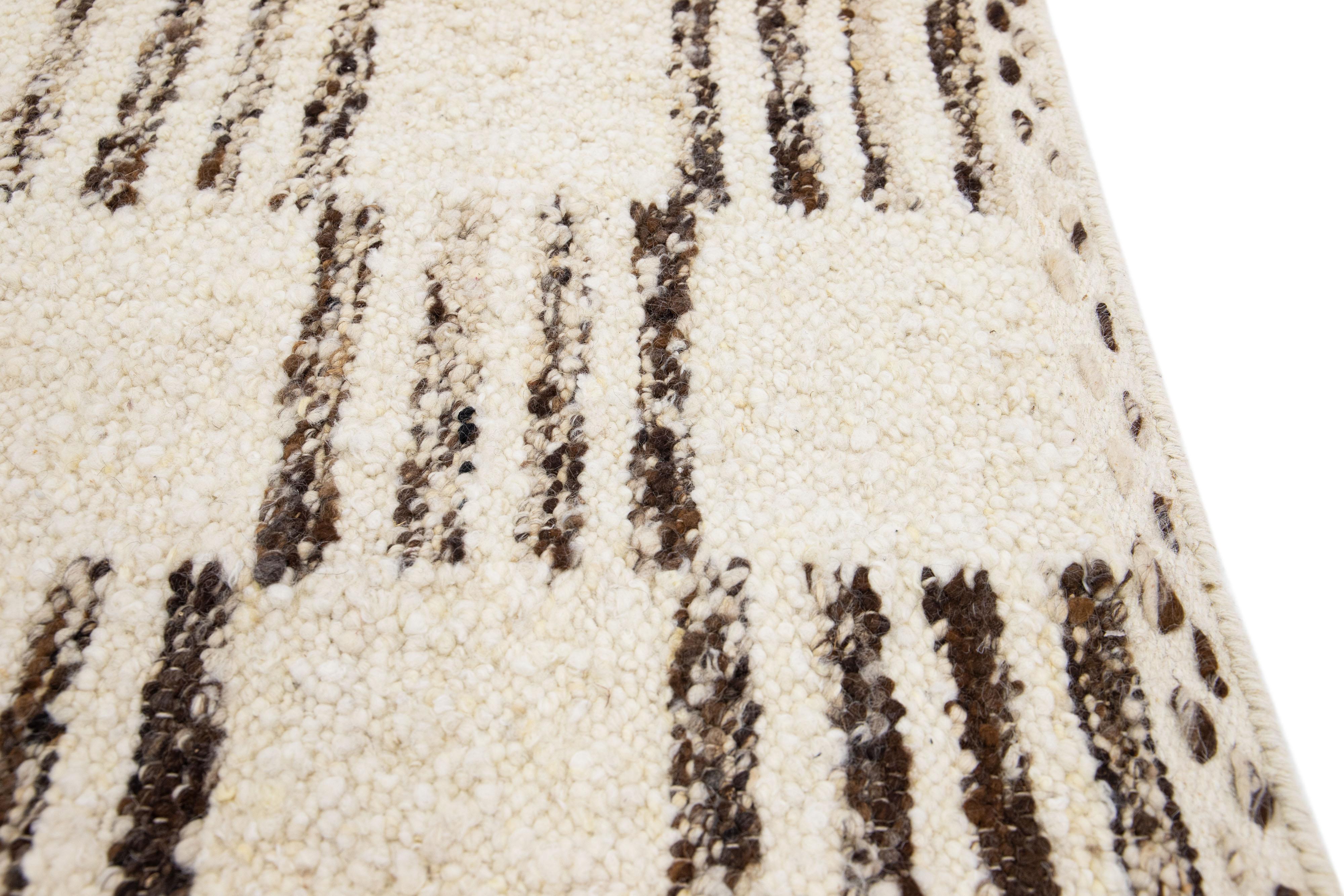 Hand-Knotted Modern Moroccan Style Beige Handmade Custom Wool Rug For Sale