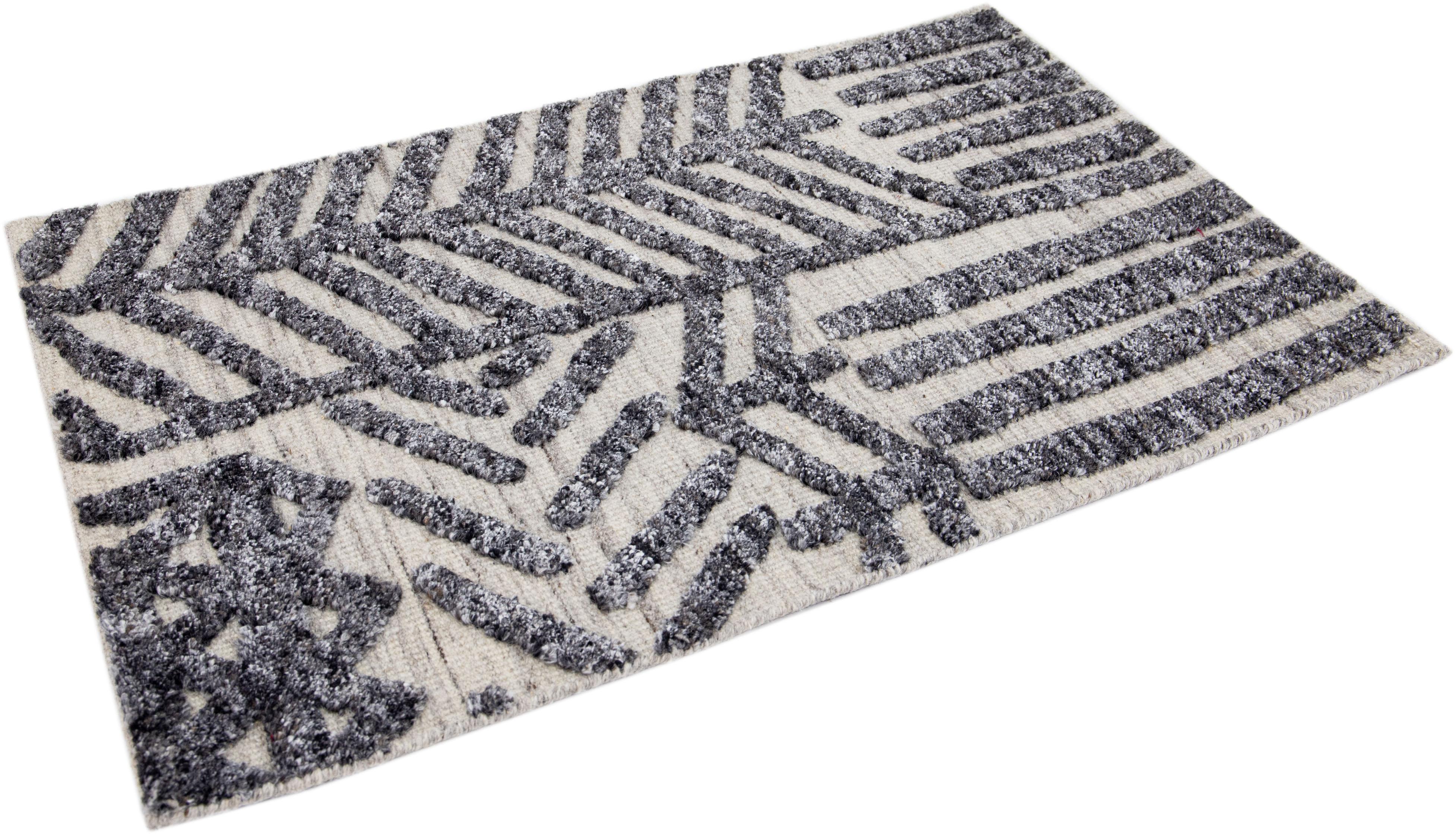 Modern Moroccan Style Beige Handmade Custom Wool Rug In New Condition For Sale In Norwalk, CT