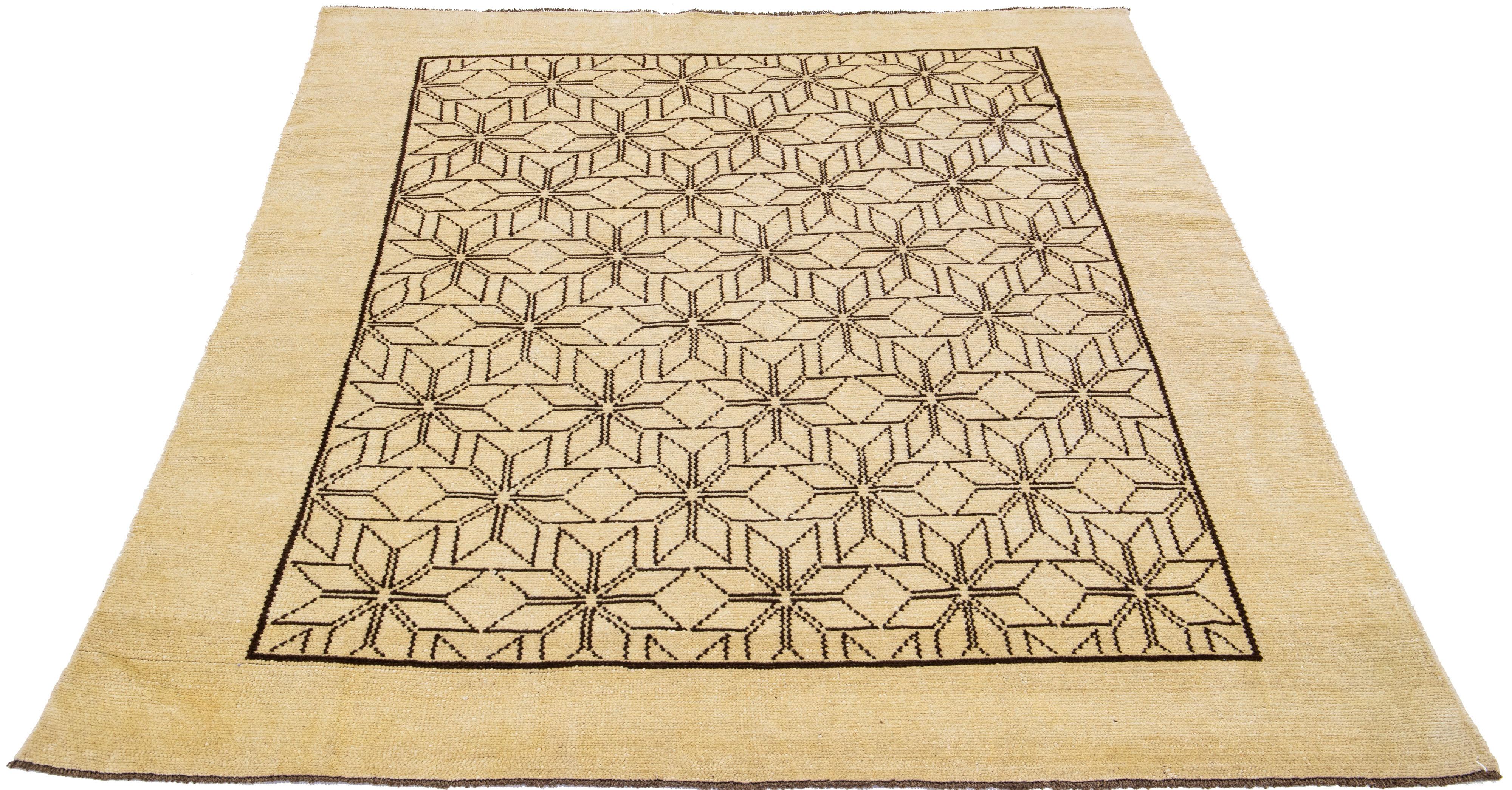 Afghan Modern Moroccan Style Beige Handmade Geometric Pattern Wool Rug by Apadana For Sale