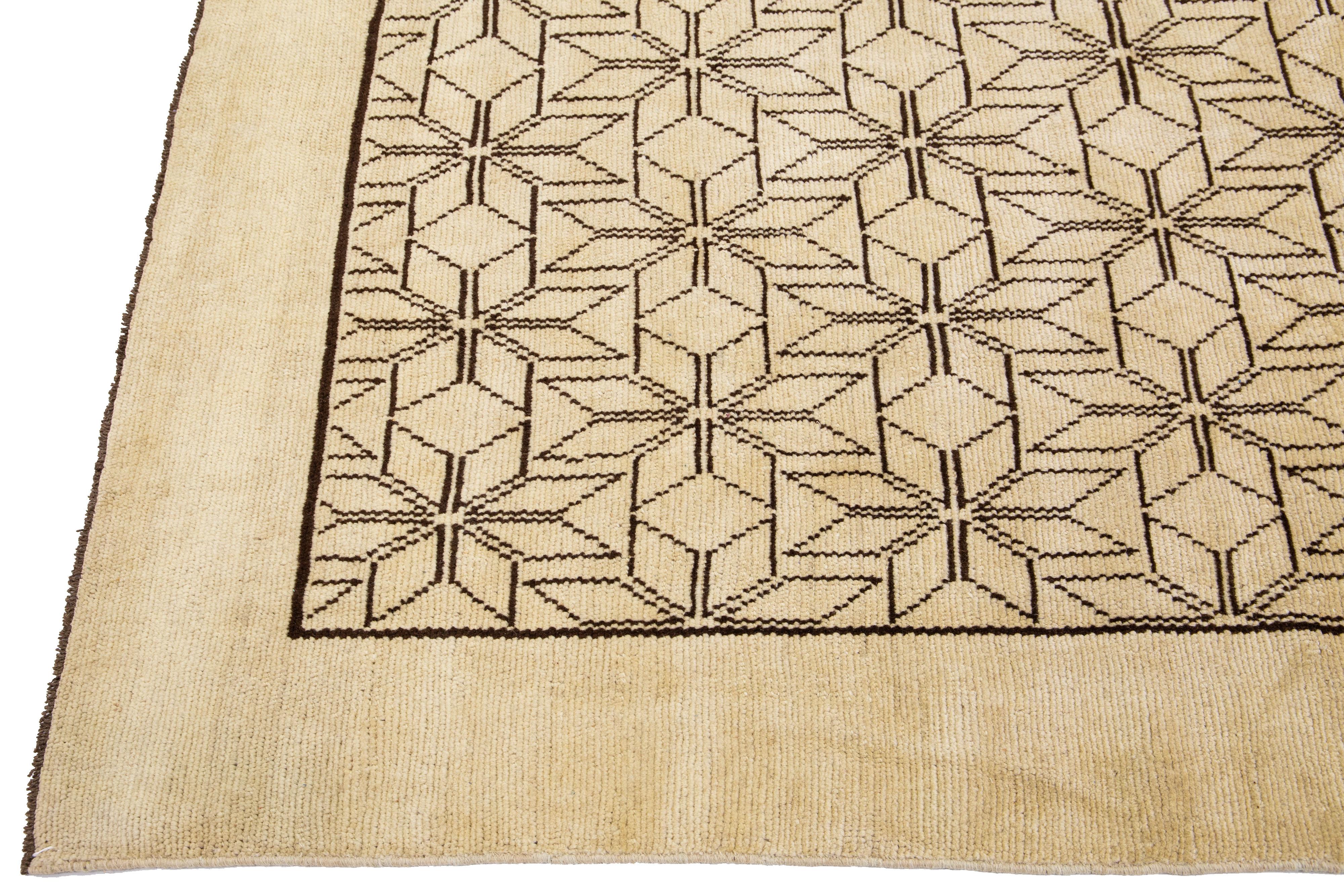 Hand-Knotted Modern Moroccan Style Beige Handmade Geometric Pattern Wool Rug by Apadana For Sale