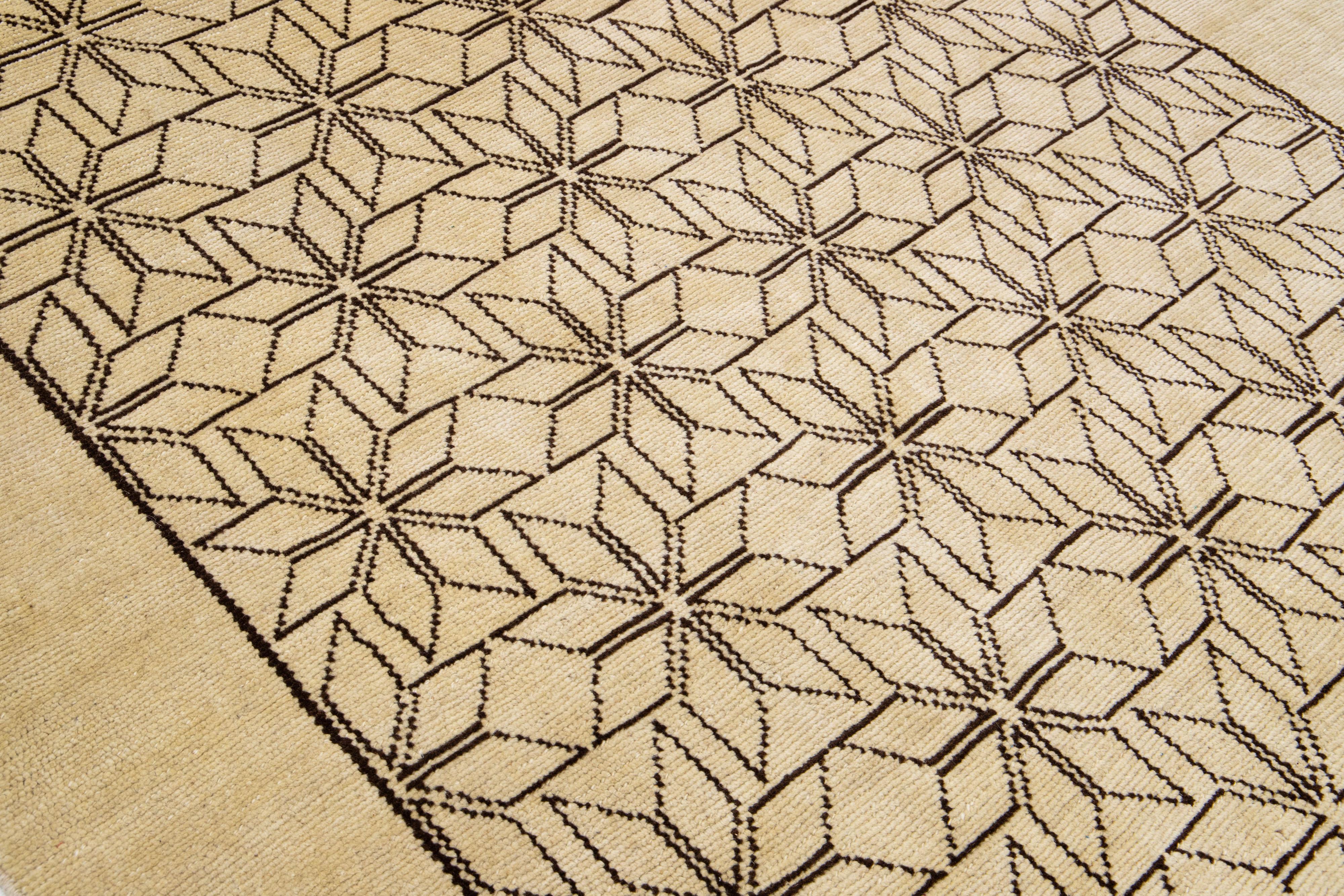 Contemporary Modern Moroccan Style Beige Handmade Geometric Pattern Wool Rug by Apadana For Sale