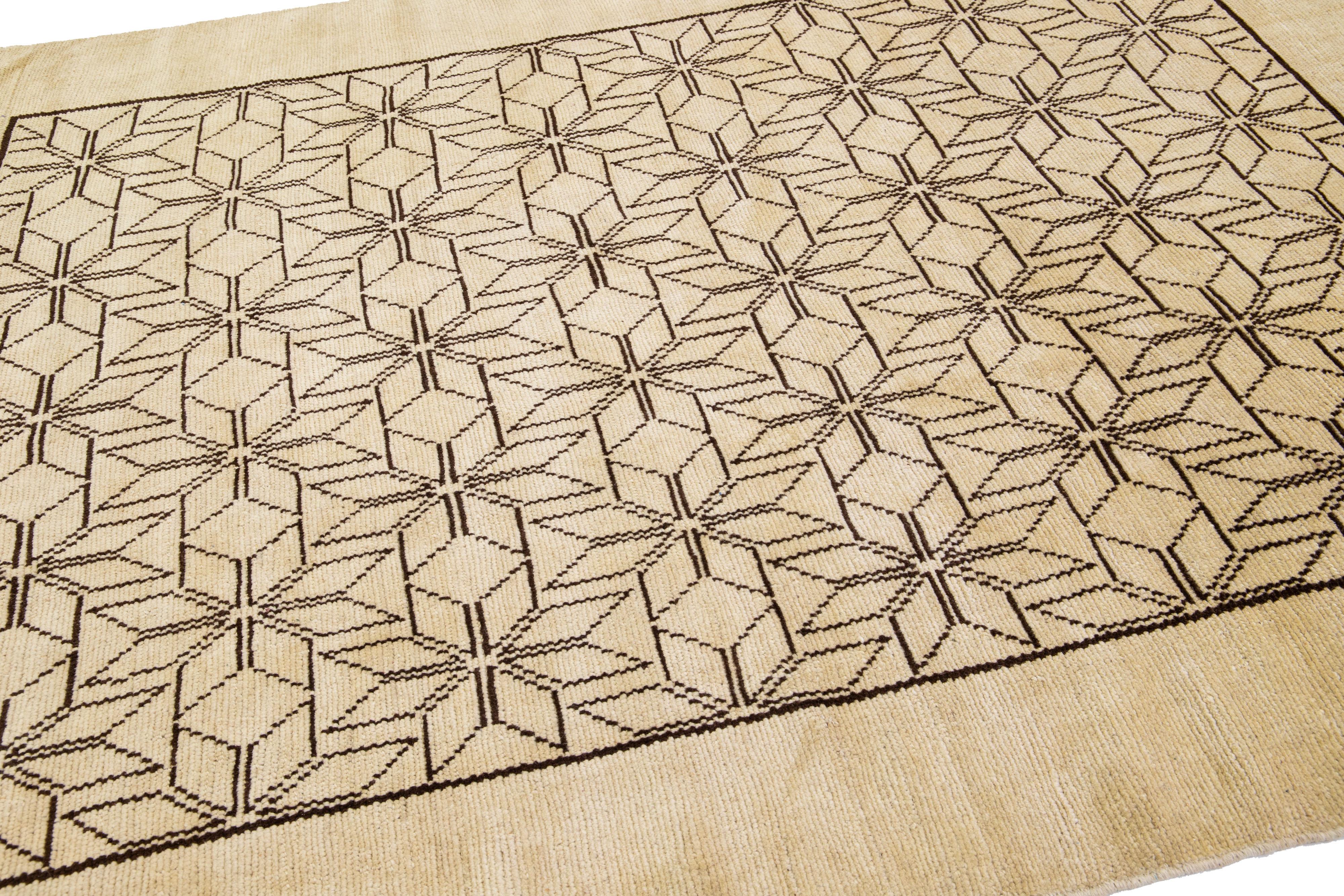 Modern Moroccan Style Beige Handmade Geometric Pattern Wool Rug by Apadana For Sale 1
