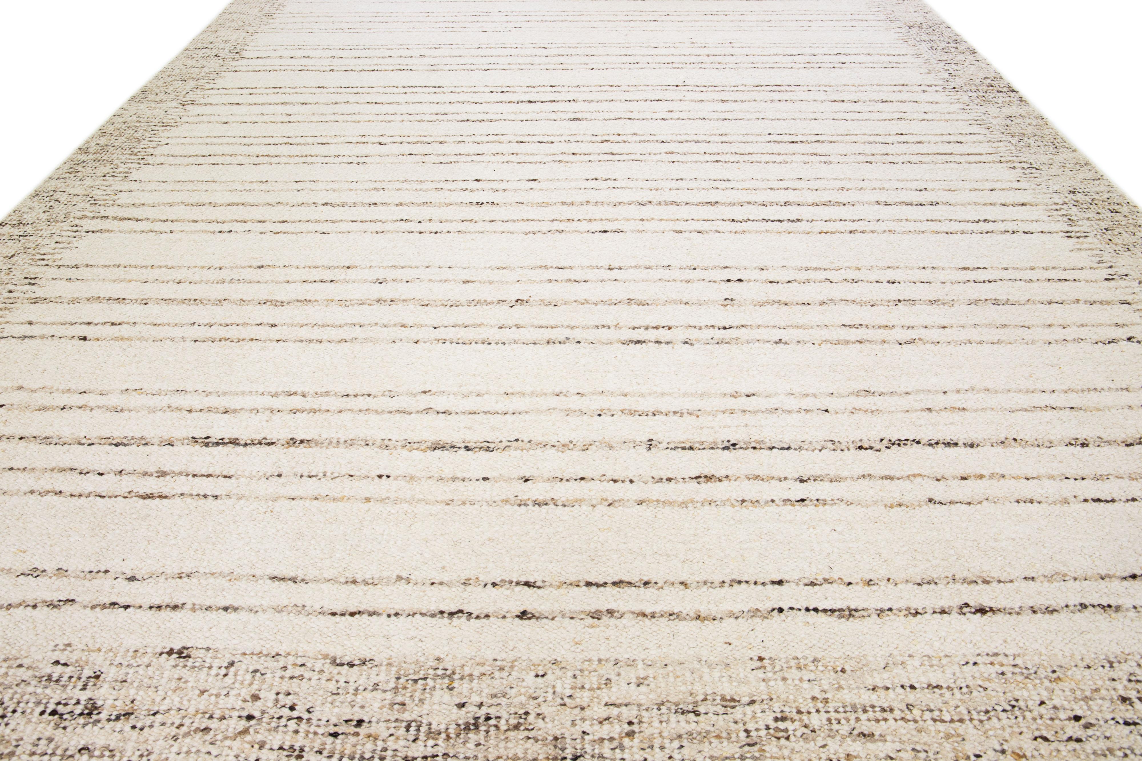 Indian Modern Moroccan Style Beige Handmade Oversize Wool Rug With Stripe Motif For Sale