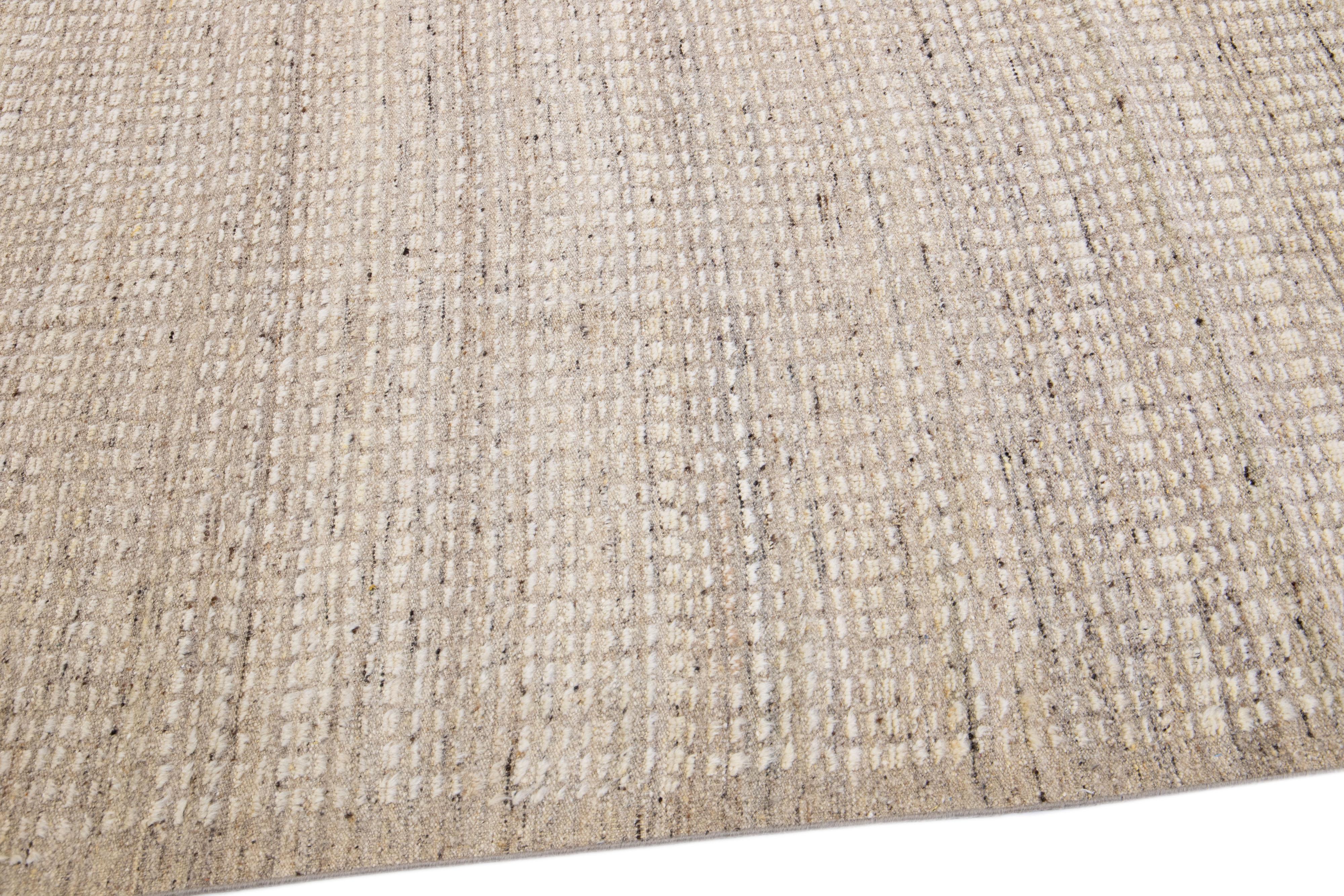 Contemporary Modern Moroccan Style Beige Handmade Solid Wool Rug For Sale