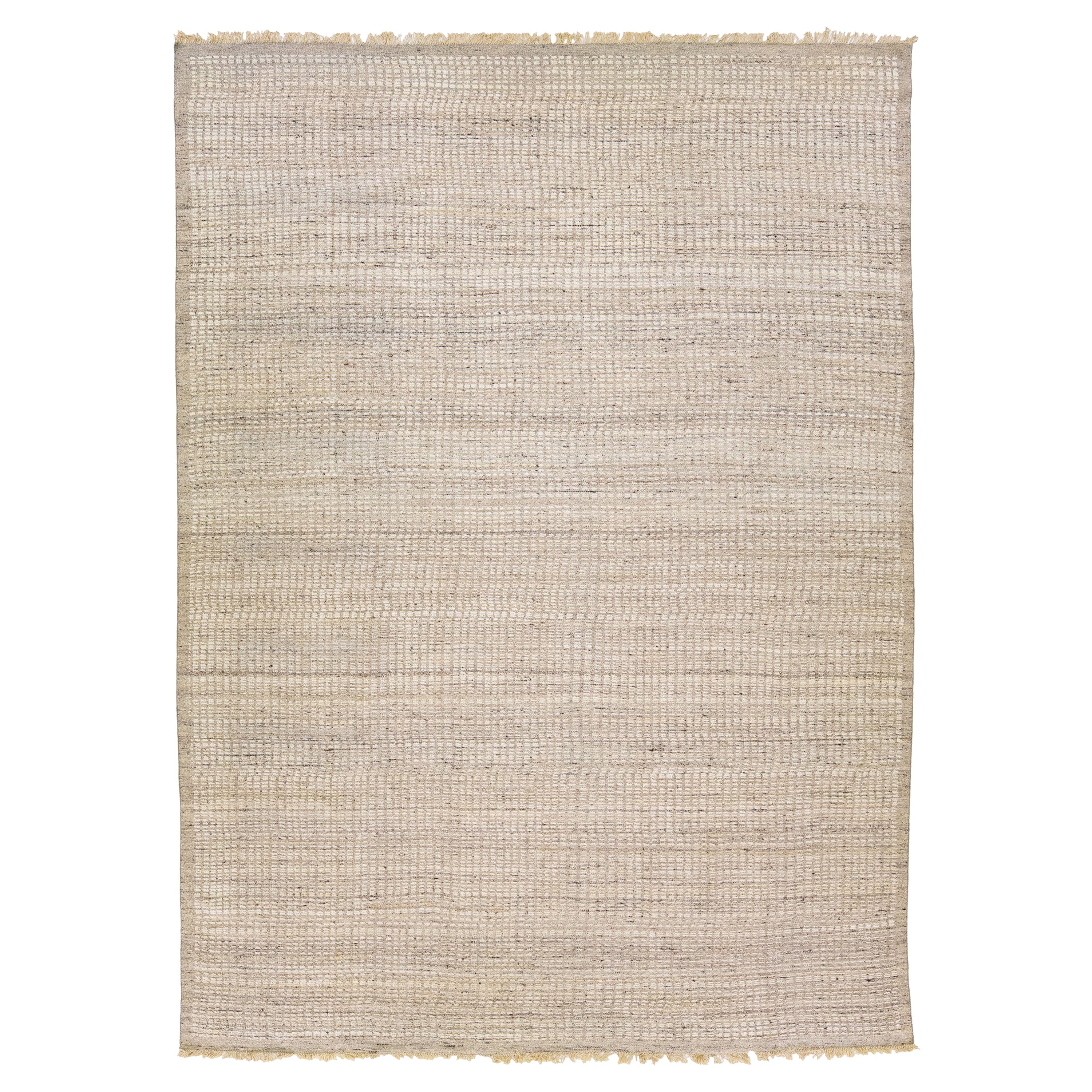 Tappeto moderno in stile marocchino beige fatto a mano in lana massiccia