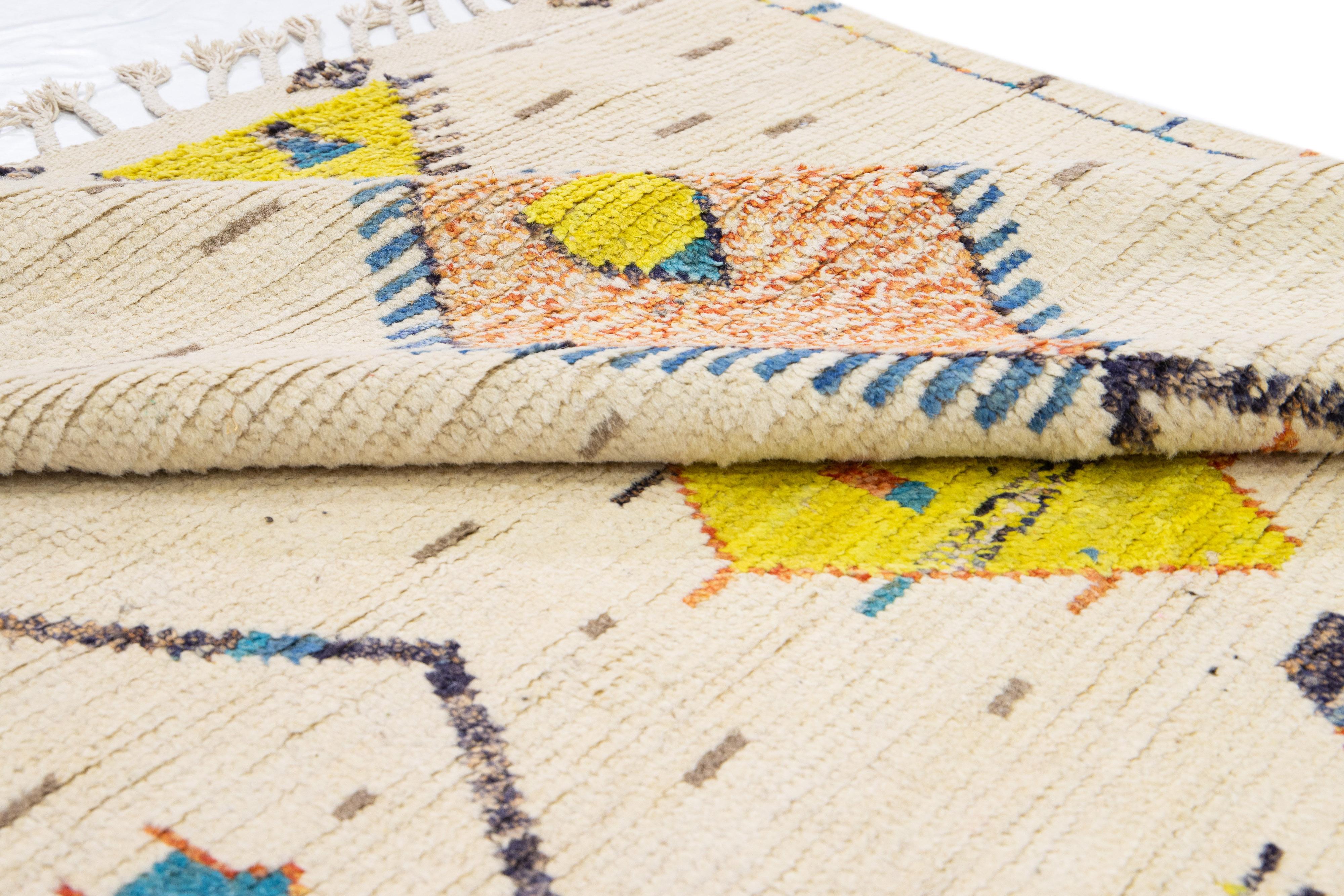Modern Moroccan Style Beige Handmade Tribal Motif Wool Rug For Sale 4