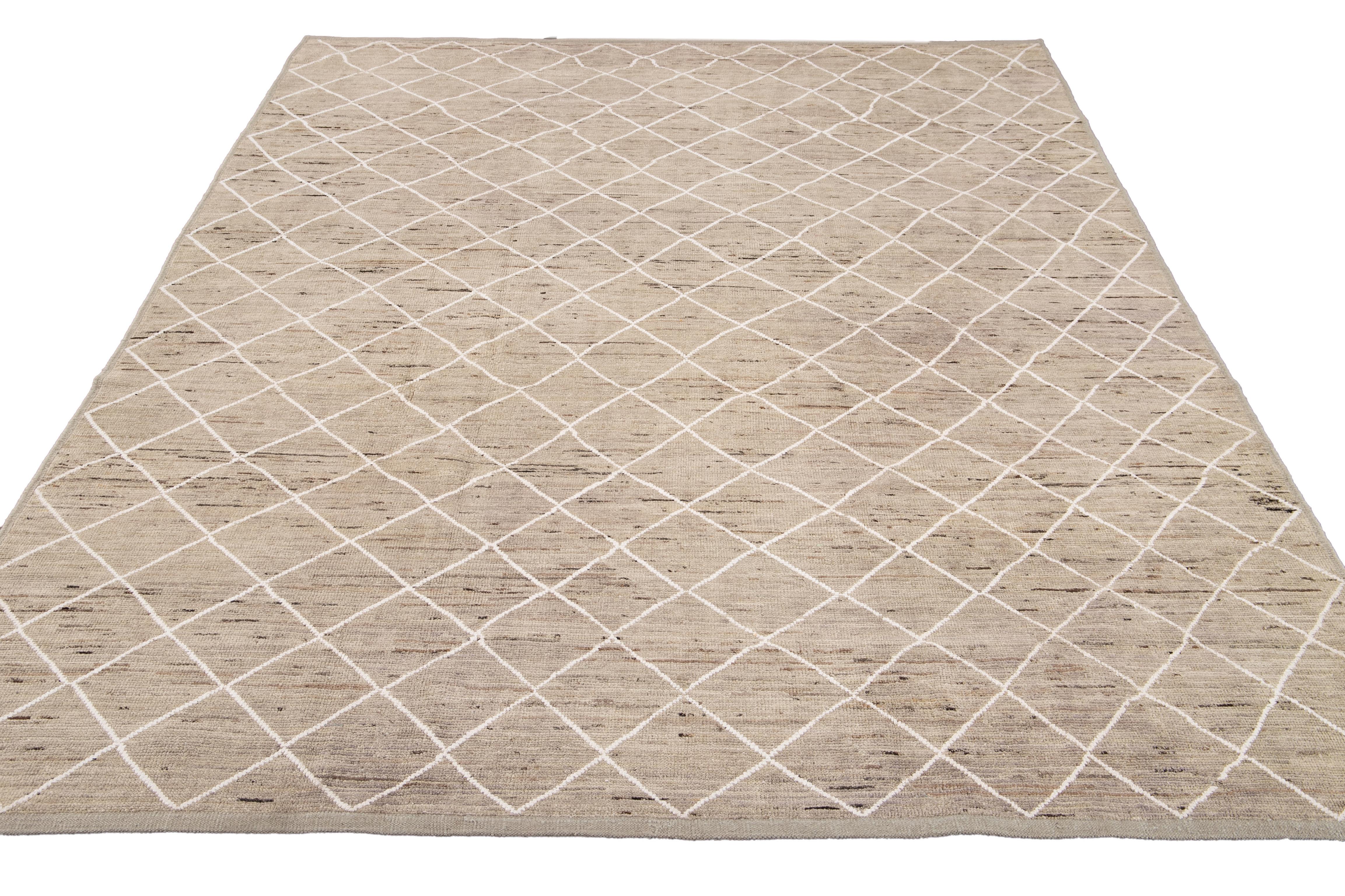 Hand-Knotted Modern Moroccan-Style Beige Tribal Wool Rug For Sale