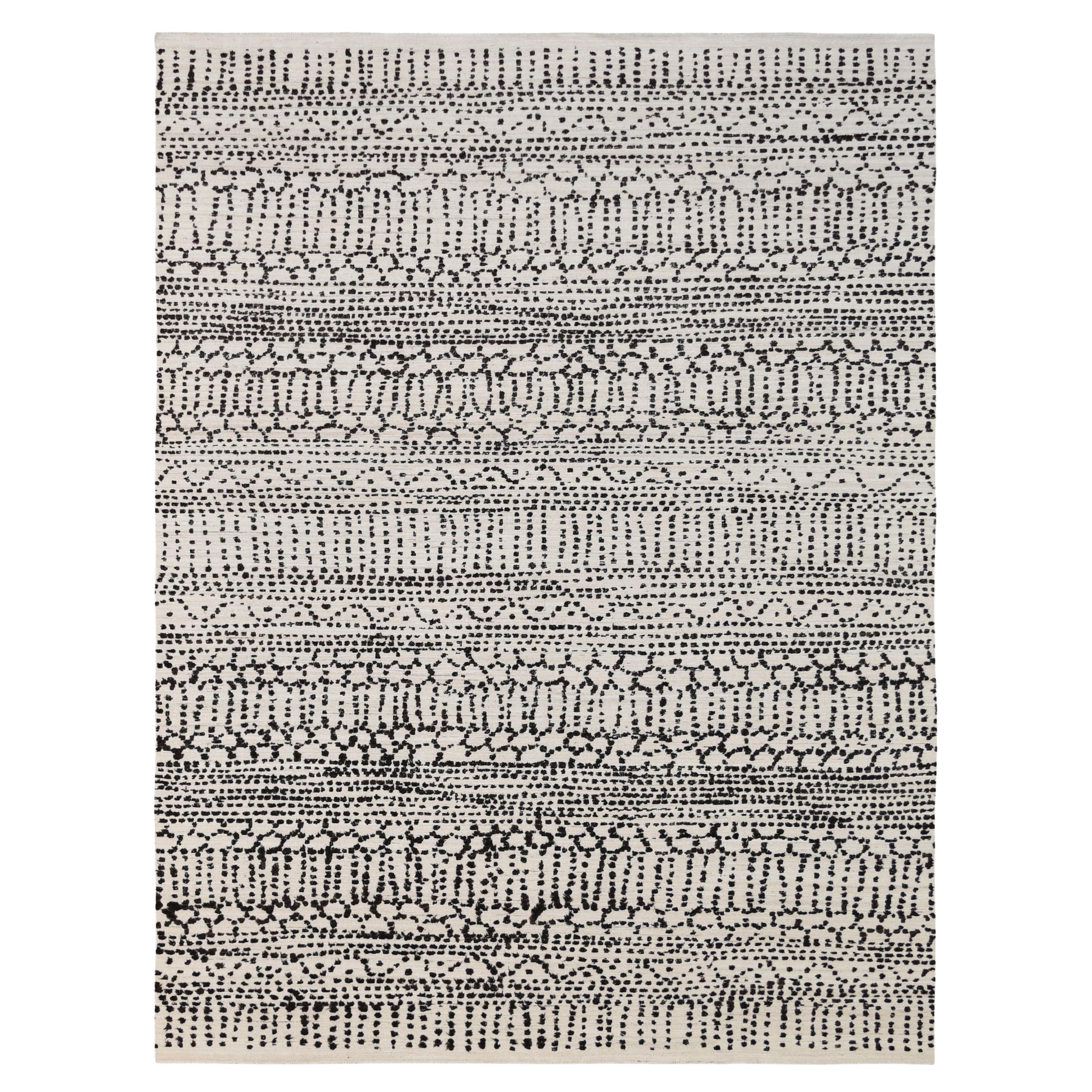 Modern Moroccan Style Black and Ivory Wool Rug 9'x12'