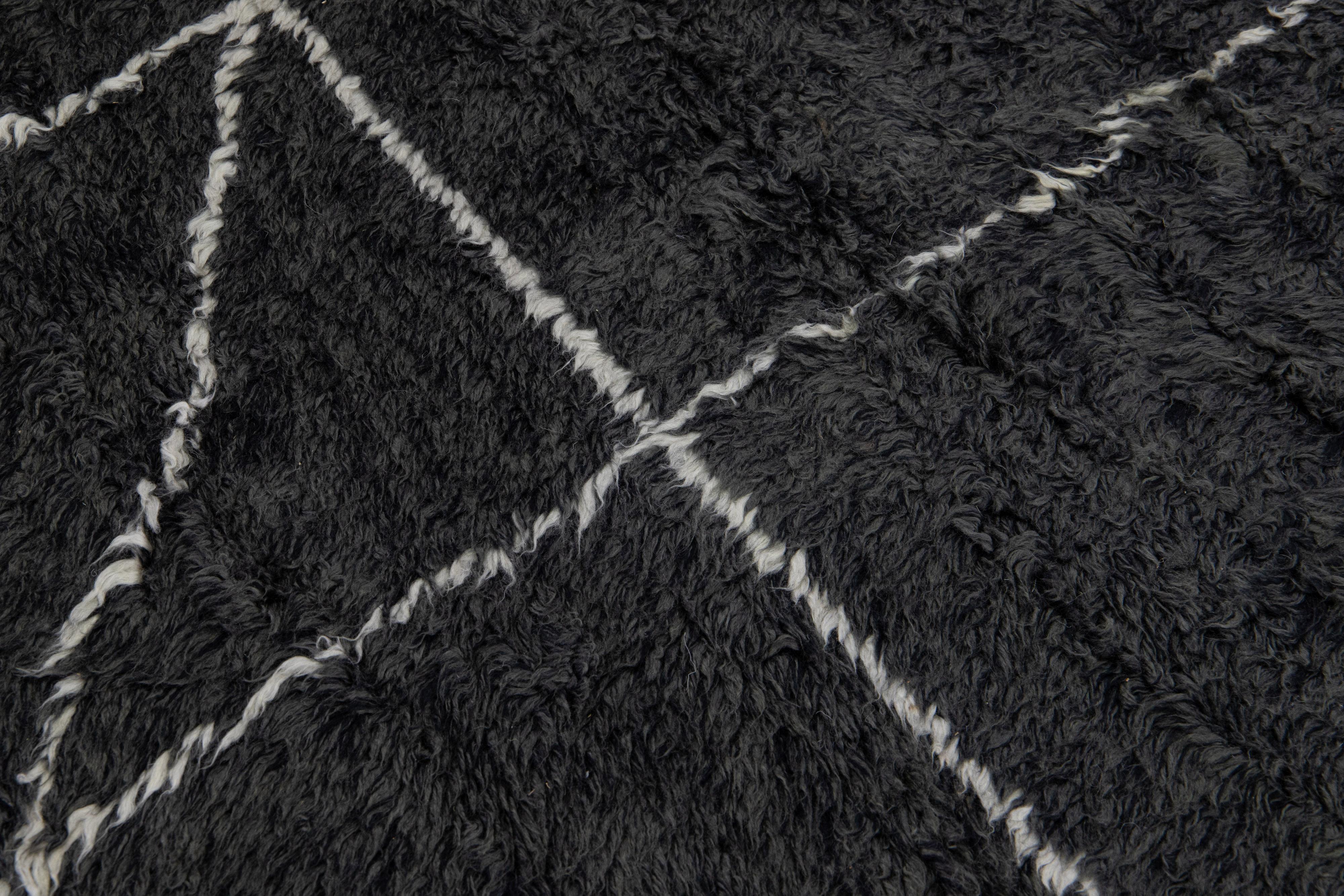 Modern Moroccan Style Black Handmade Geometric Square Wool Rug by Apadana For Sale 3