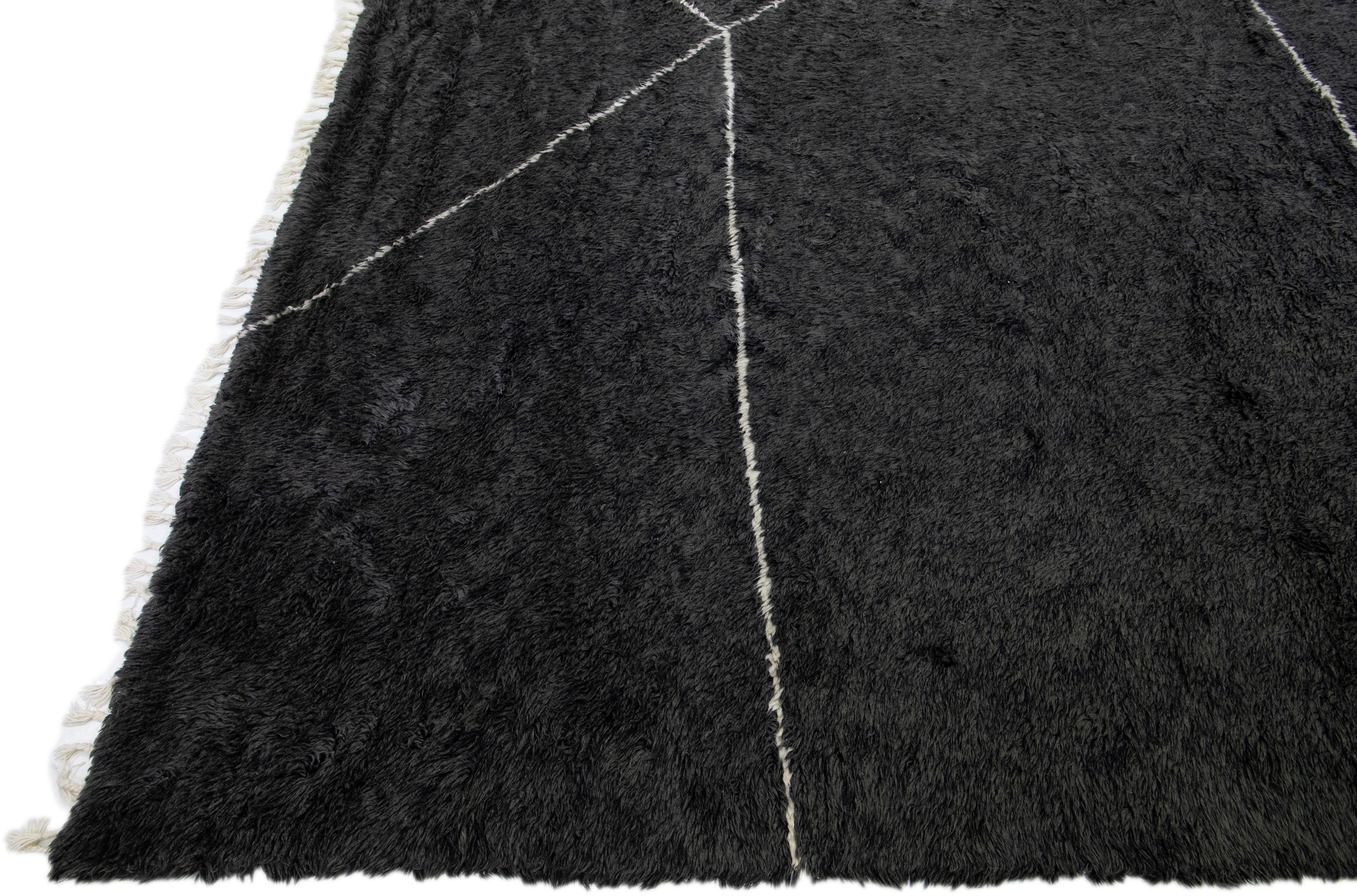 Indian Modern Moroccan Style Black Handmade Geometric Square Wool Rug by Apadana For Sale