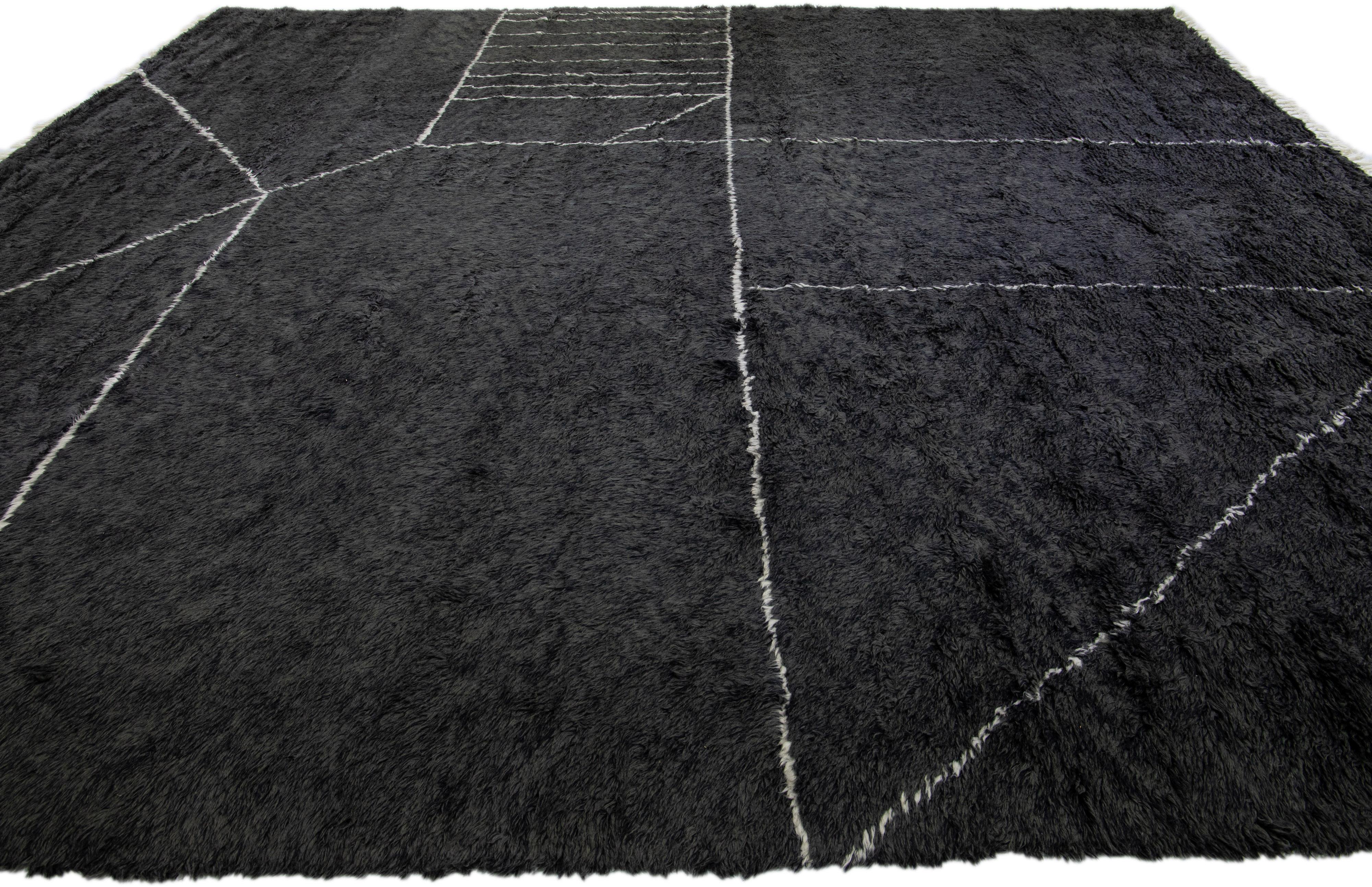 Hand-Knotted Modern Moroccan Style Black Handmade Geometric Square Wool Rug by Apadana For Sale
