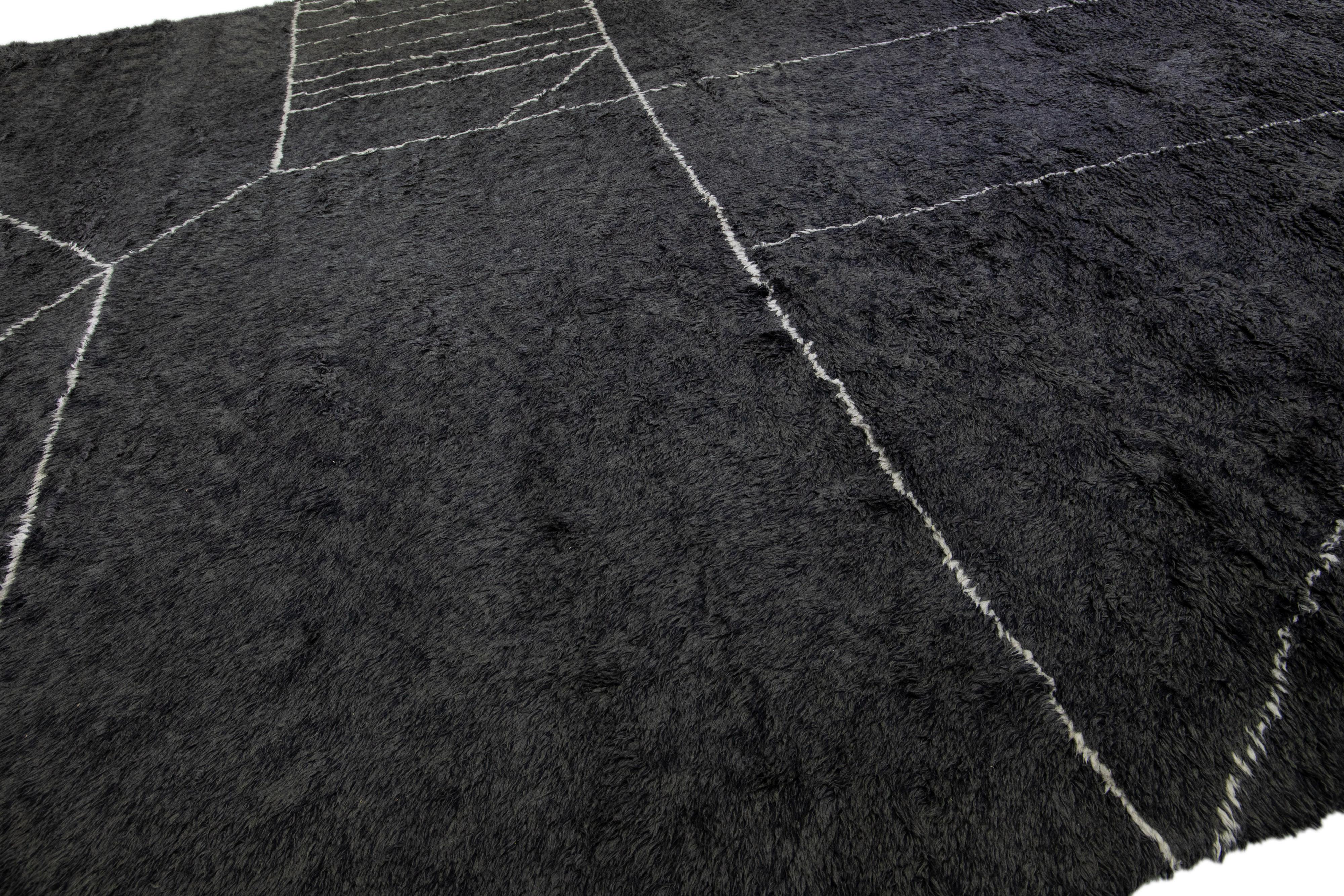 Contemporary Modern Moroccan Style Black Handmade Geometric Square Wool Rug by Apadana For Sale