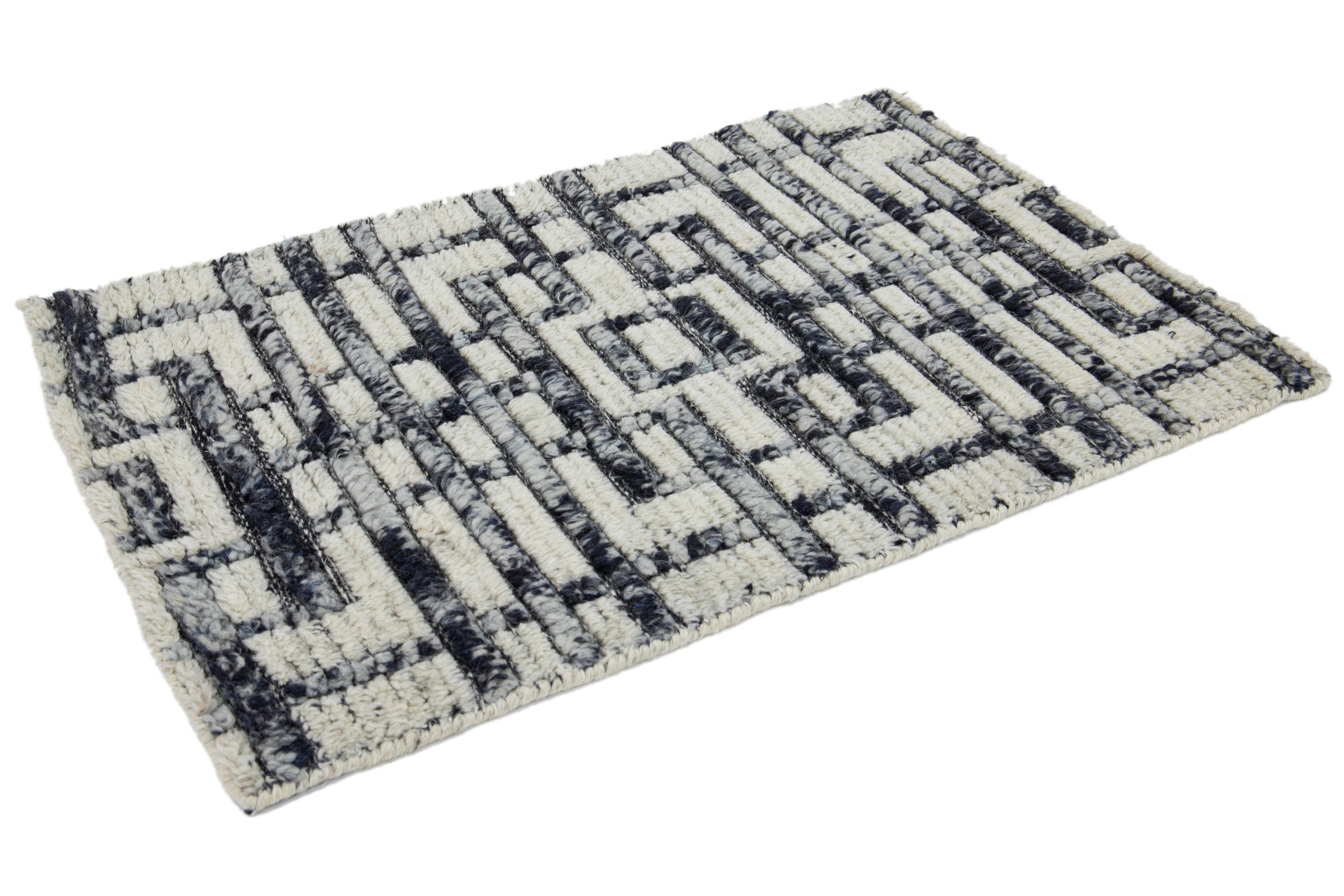 Hand-Knotted Modern Moroccan Style Black & Ivory Handmade Custom Wool Rug For Sale