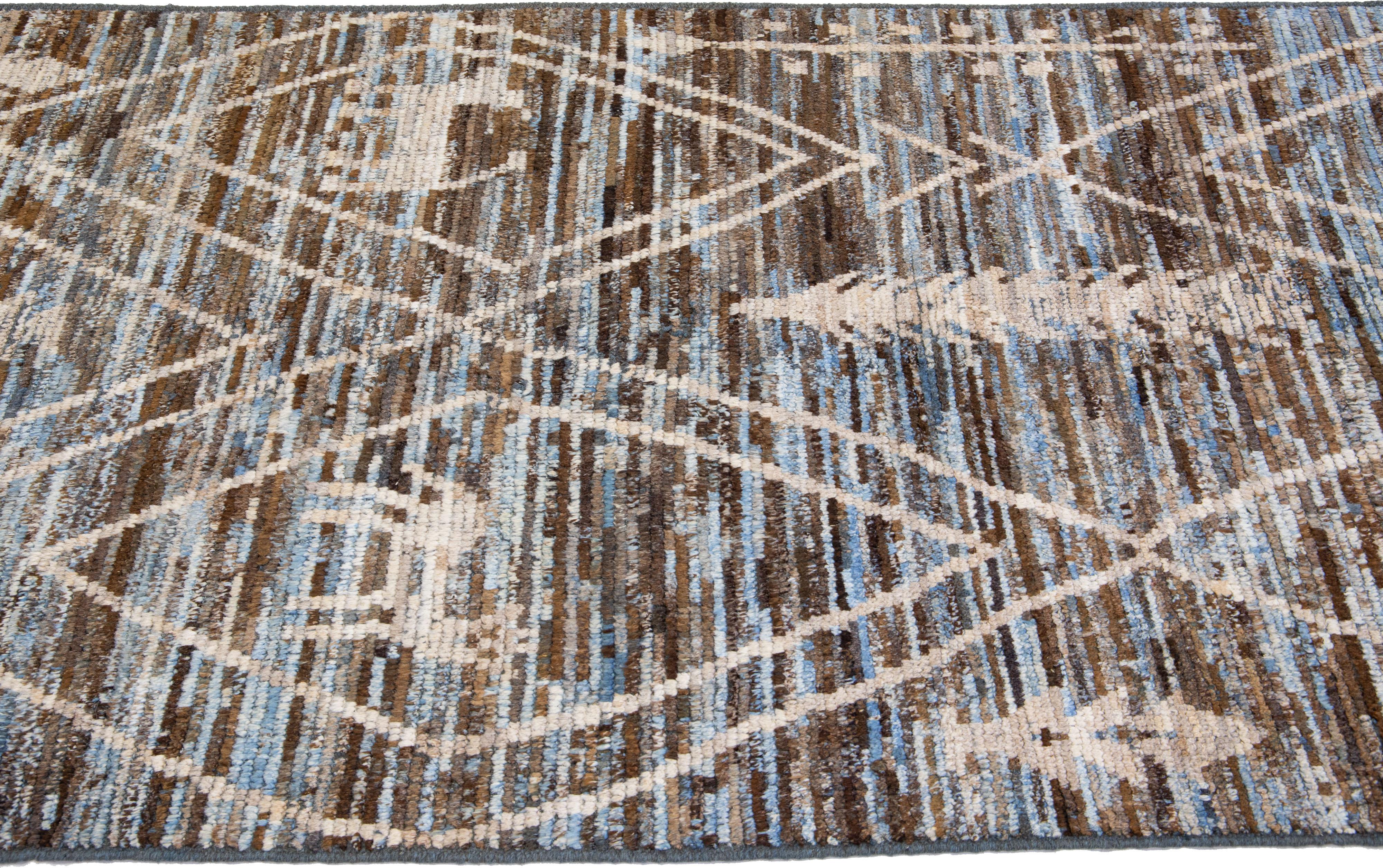 Hand-Knotted Modern Moroccan Style Blue & Brown Handmade Wool Runner with Tribal Motif For Sale