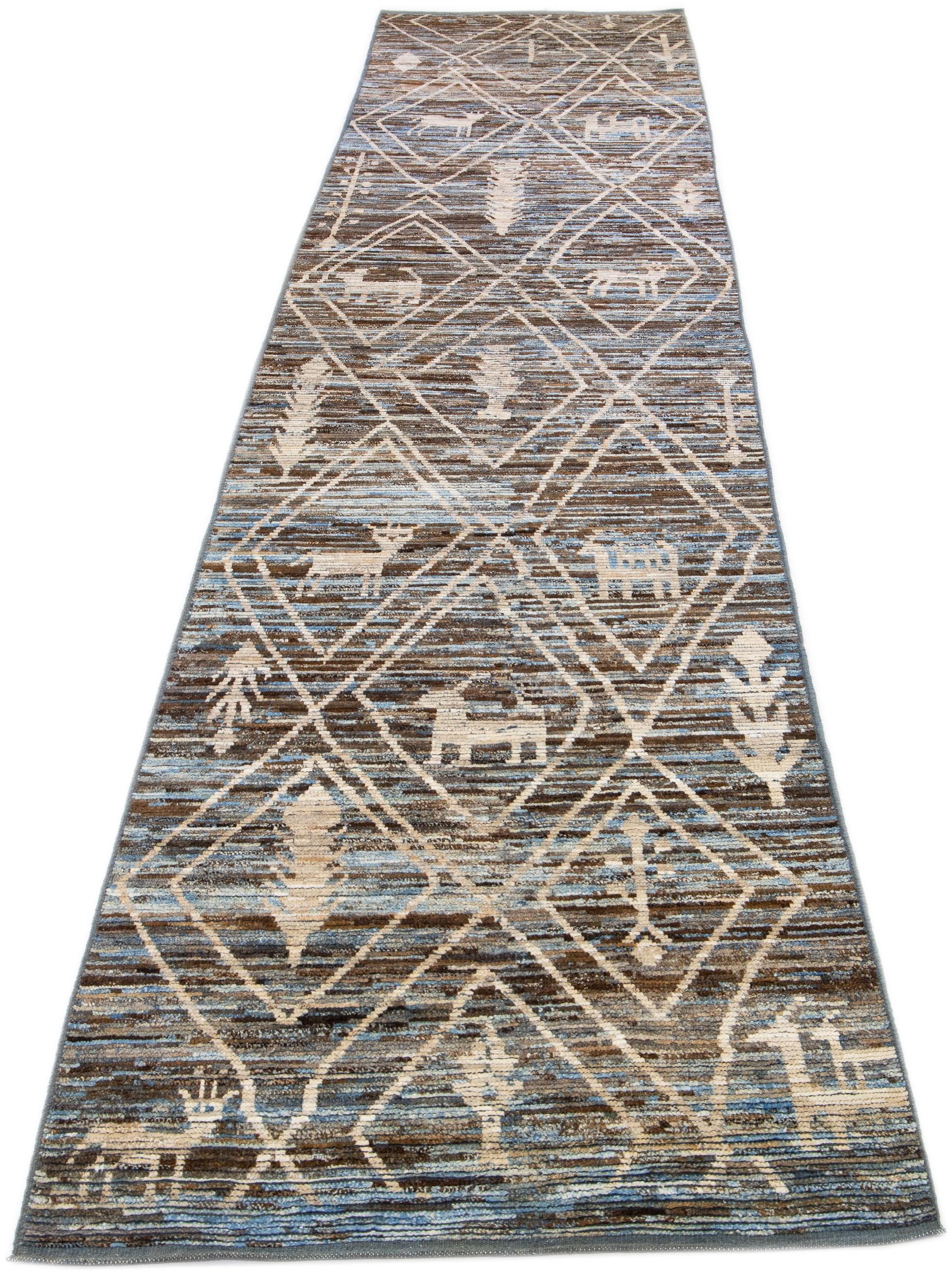 Modern Moroccan Style Blue & Brown Handmade Wool Runner with Tribal Motif In New Condition For Sale In Norwalk, CT