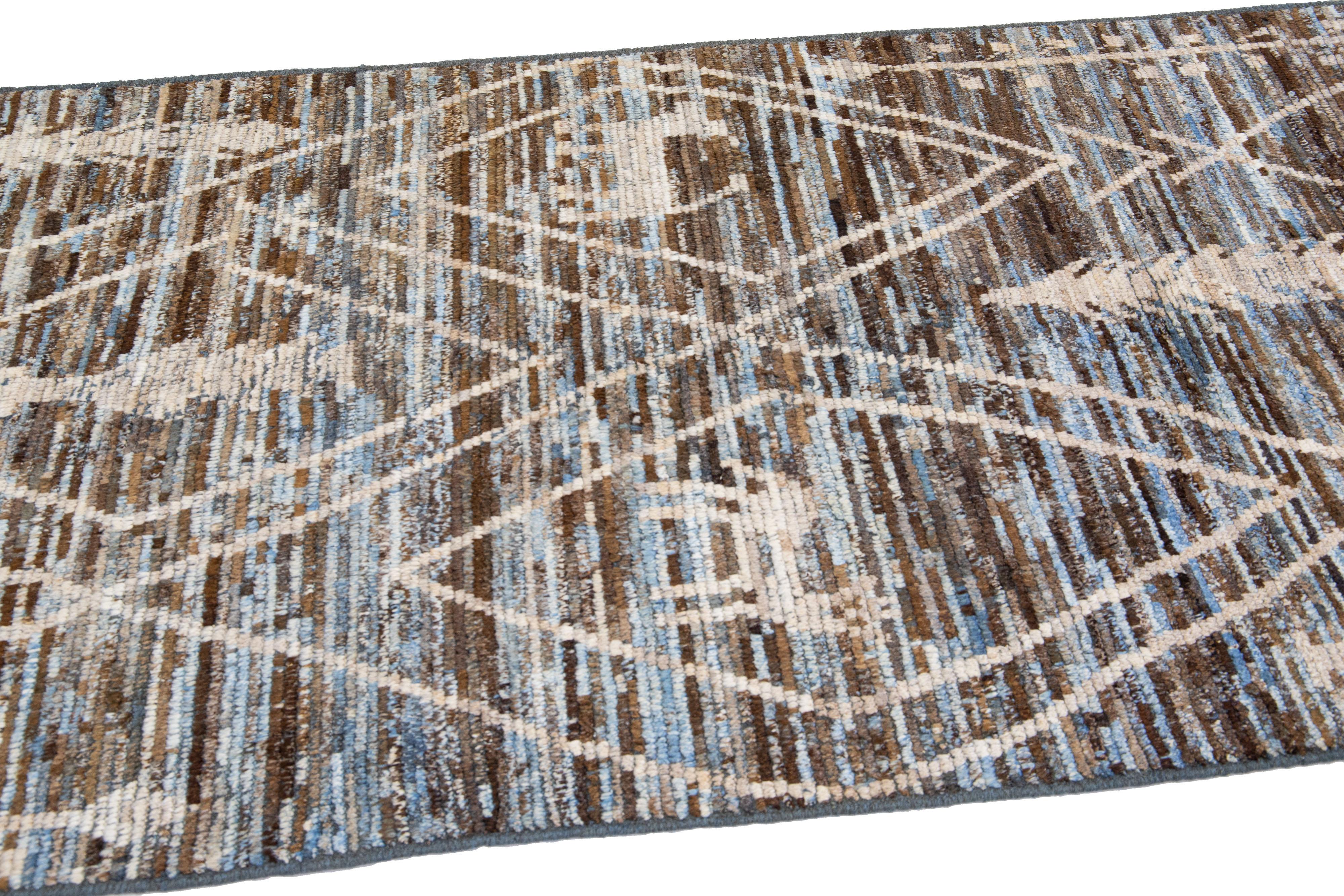 Contemporary Modern Moroccan Style Blue & Brown Handmade Wool Runner with Tribal Motif For Sale