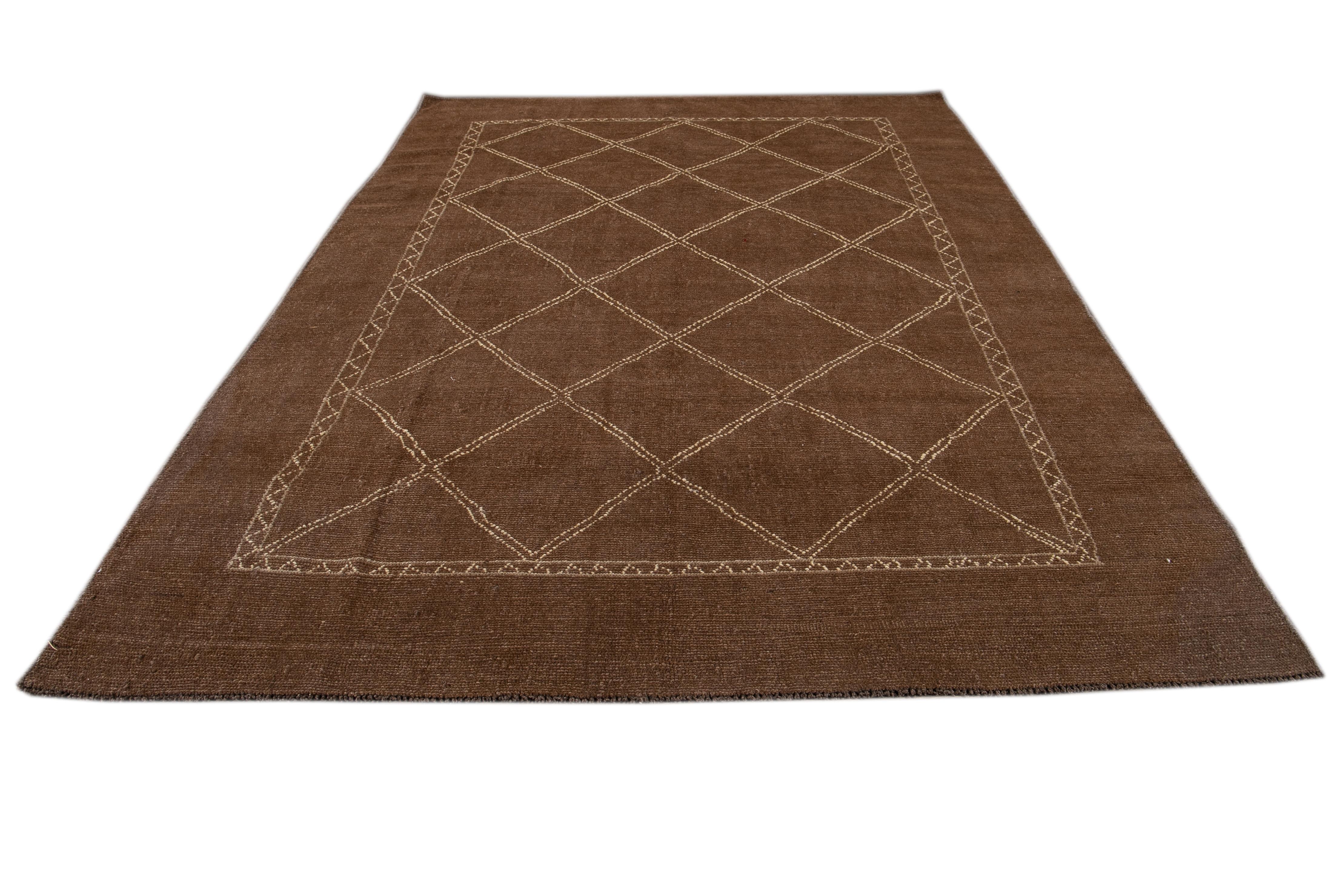 Afghan Modern Moroccan Style Brown Geometric Handmade Wool Rug For Sale