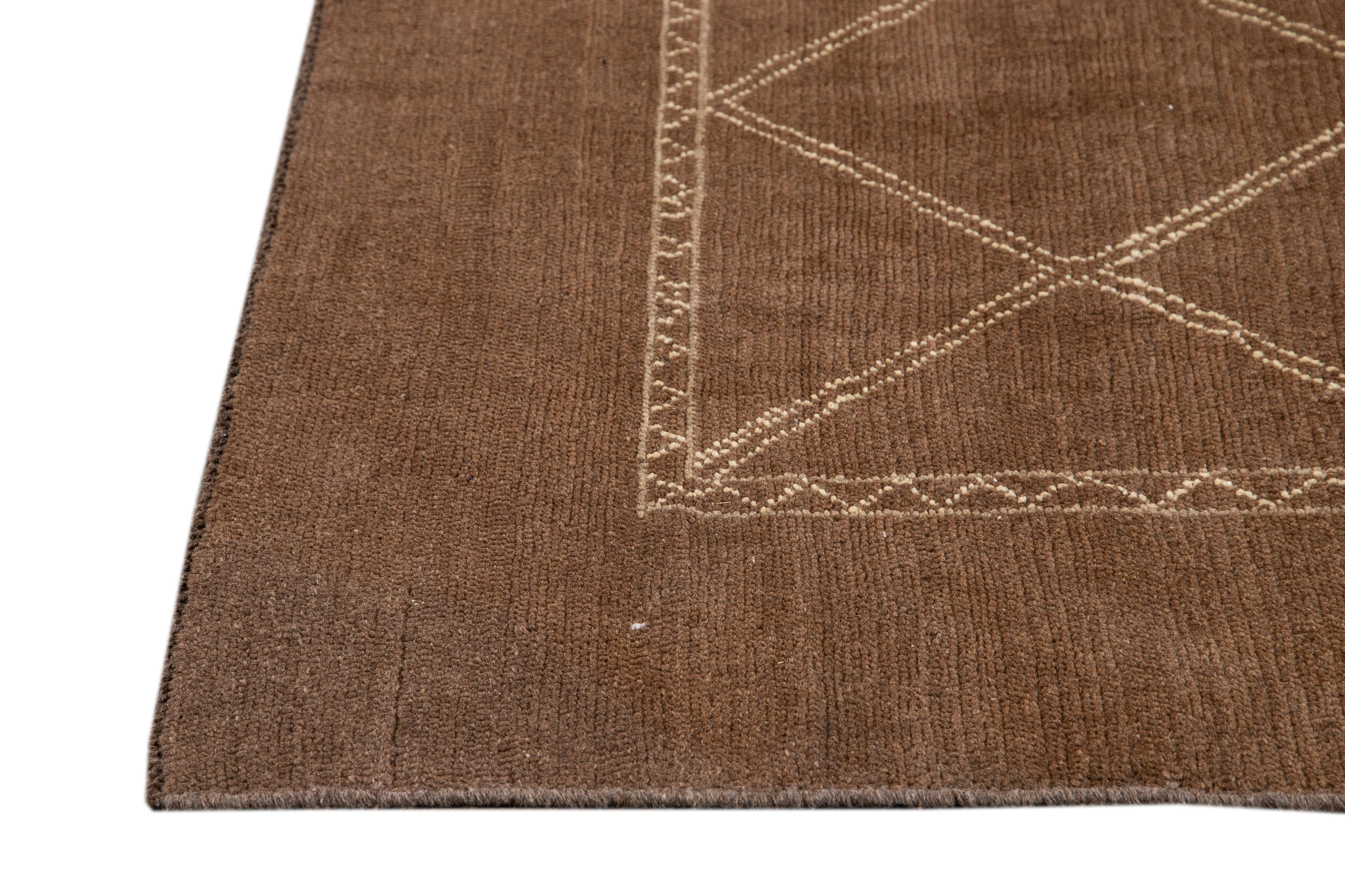 Hand-Knotted Modern Moroccan Style Brown Geometric Handmade Wool Rug For Sale