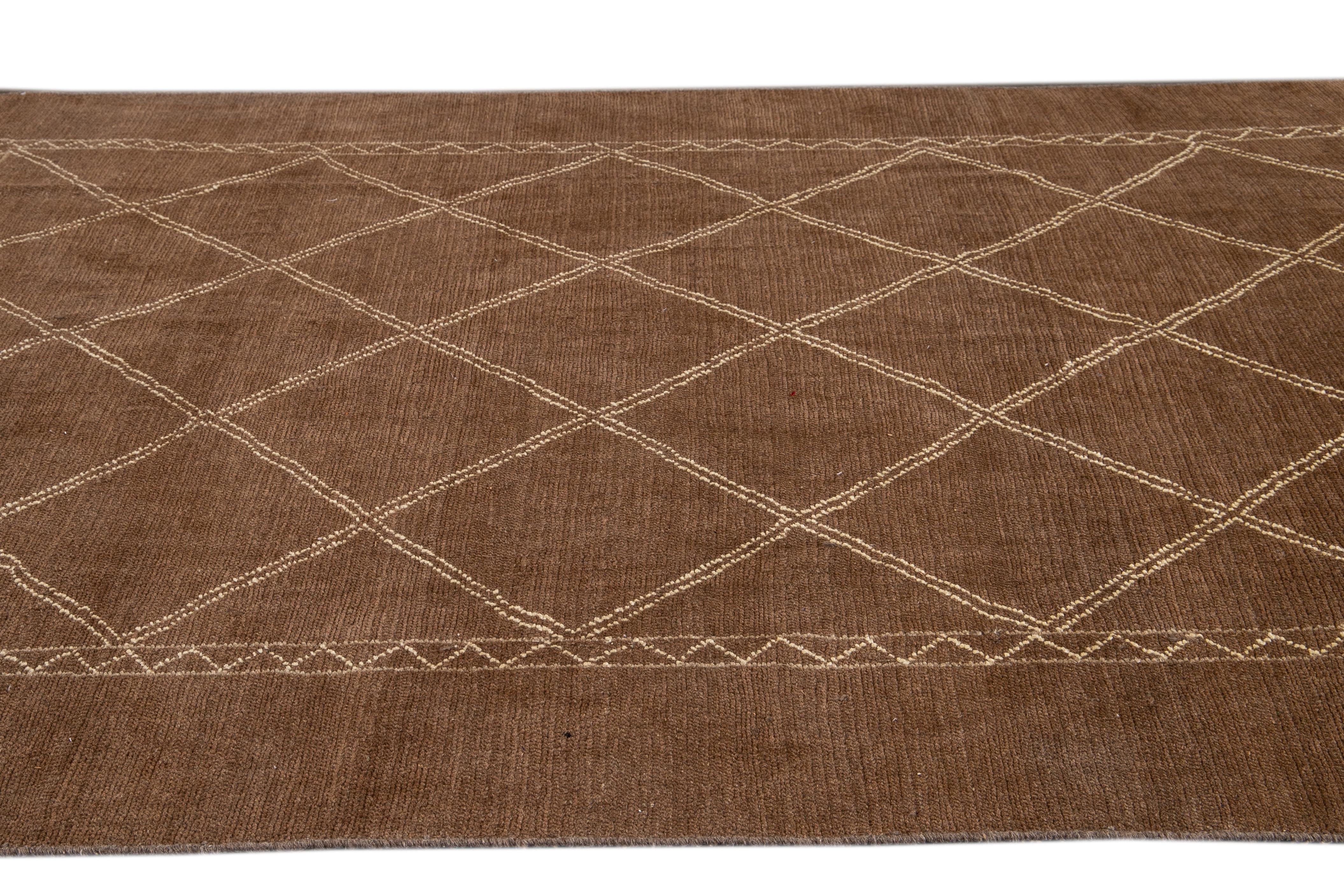 Contemporary Modern Moroccan Style Brown Geometric Handmade Wool Rug For Sale