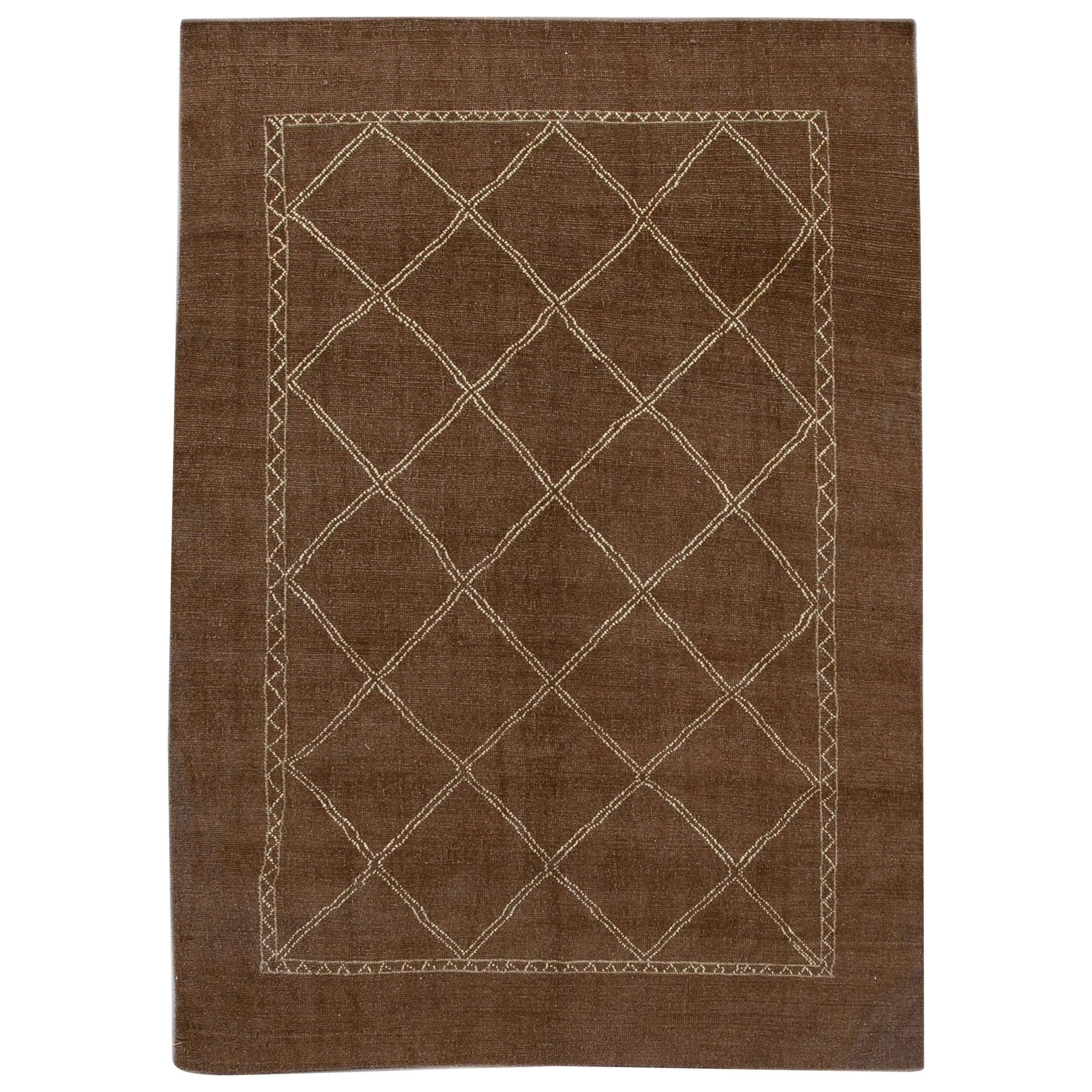 Modern Moroccan Style Brown Geometric Handmade Wool Rug