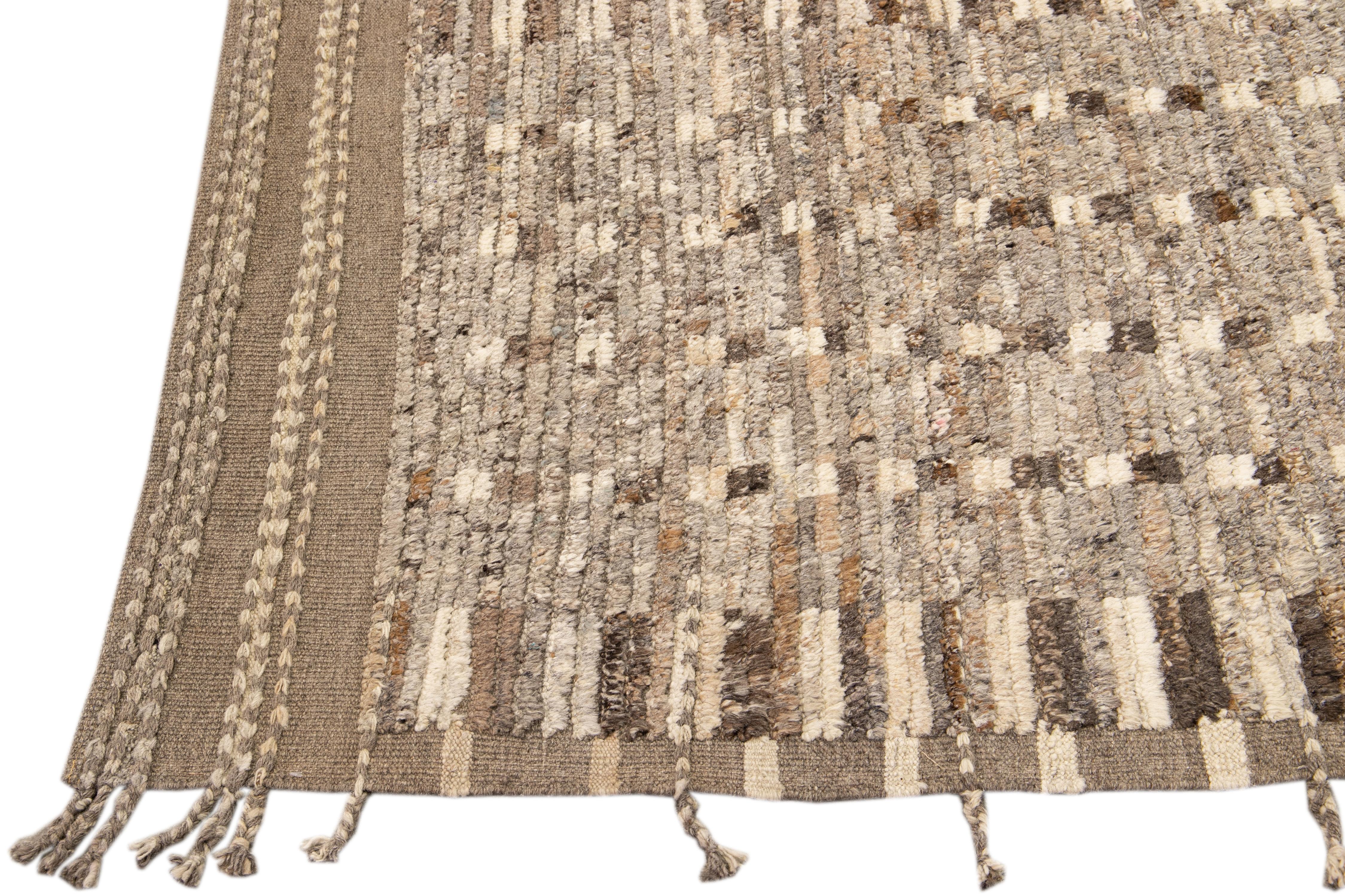 Hand-Knotted Modern Moroccan Style Brown Handmade Bohemian Motif Wool Runner For Sale