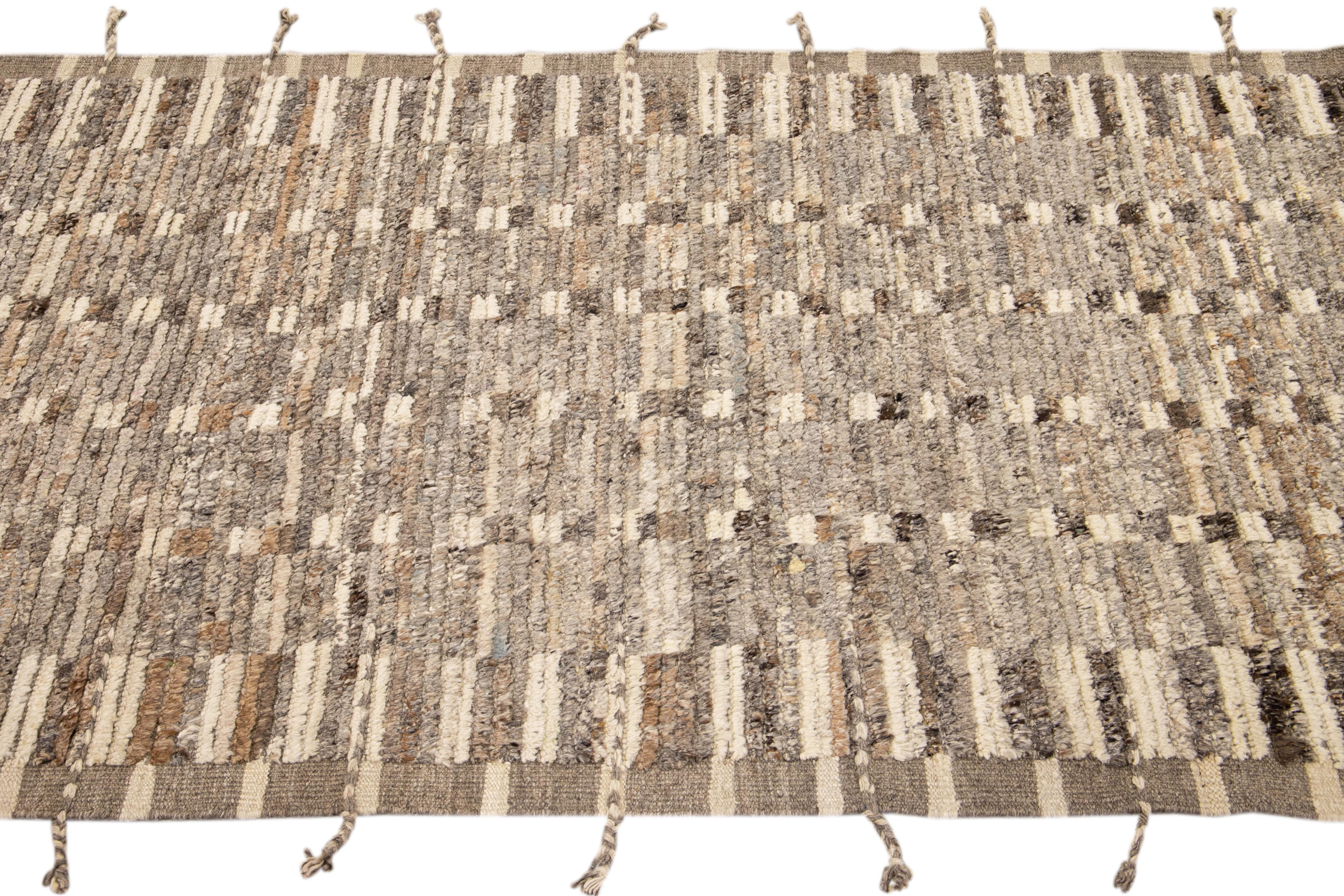 Modern Moroccan Style Brown Handmade Bohemian Motif Wool Runner In New Condition For Sale In Norwalk, CT