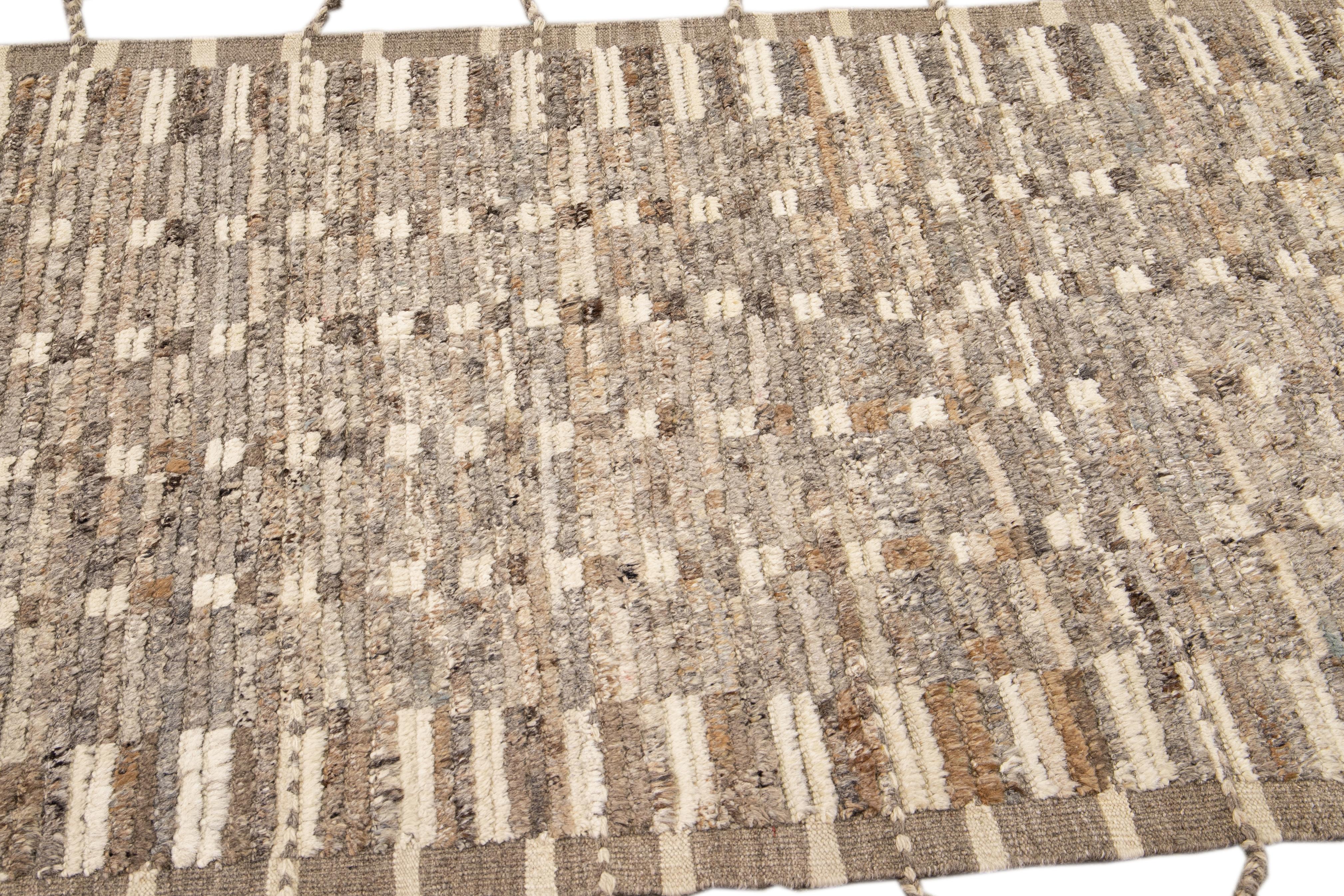 Contemporary Modern Moroccan Style Brown Handmade Bohemian Motif Wool Runner For Sale