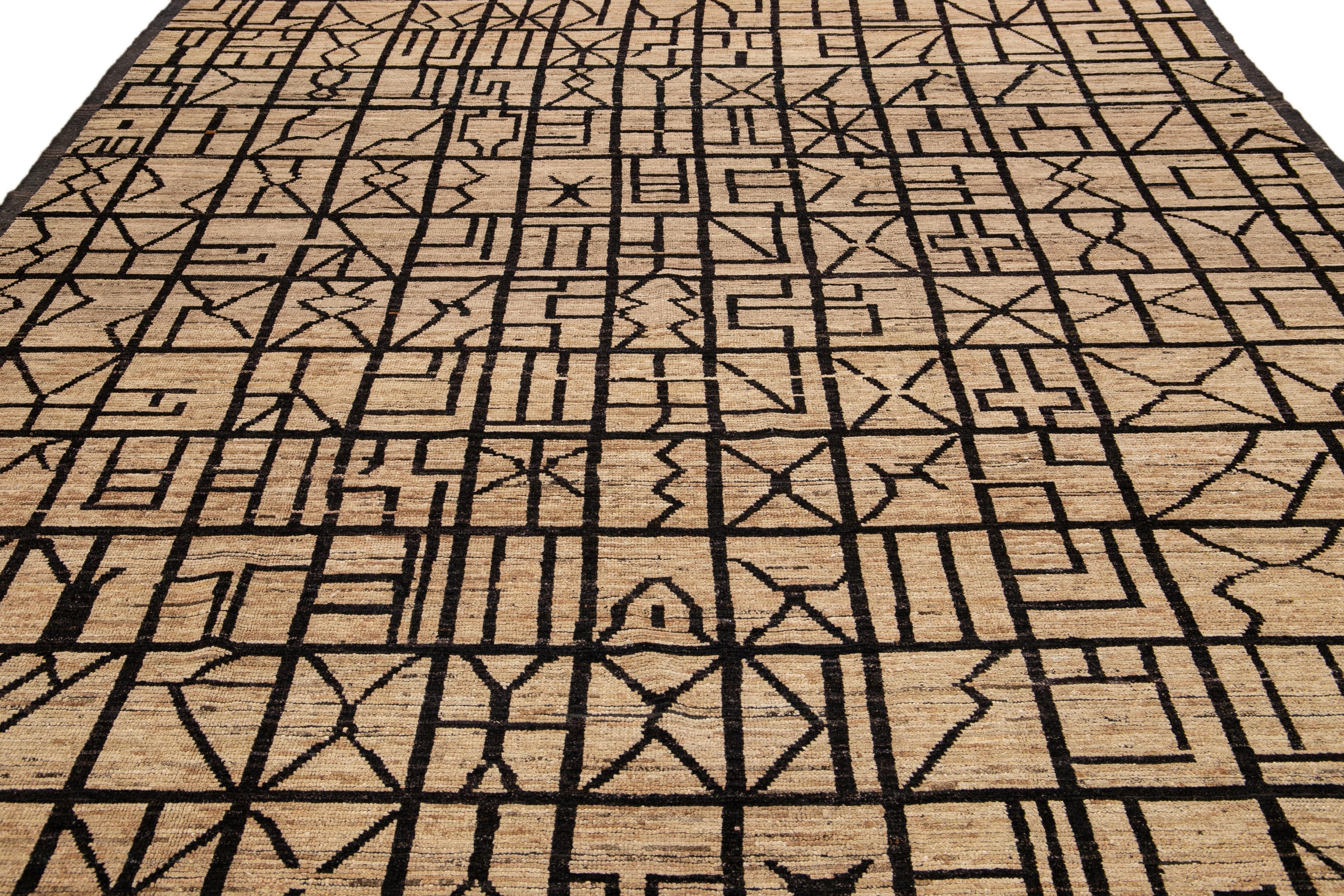 Bohemian Modern Moroccan Style Brown Handmade Geometric Boho Pattern Wool Rug For Sale