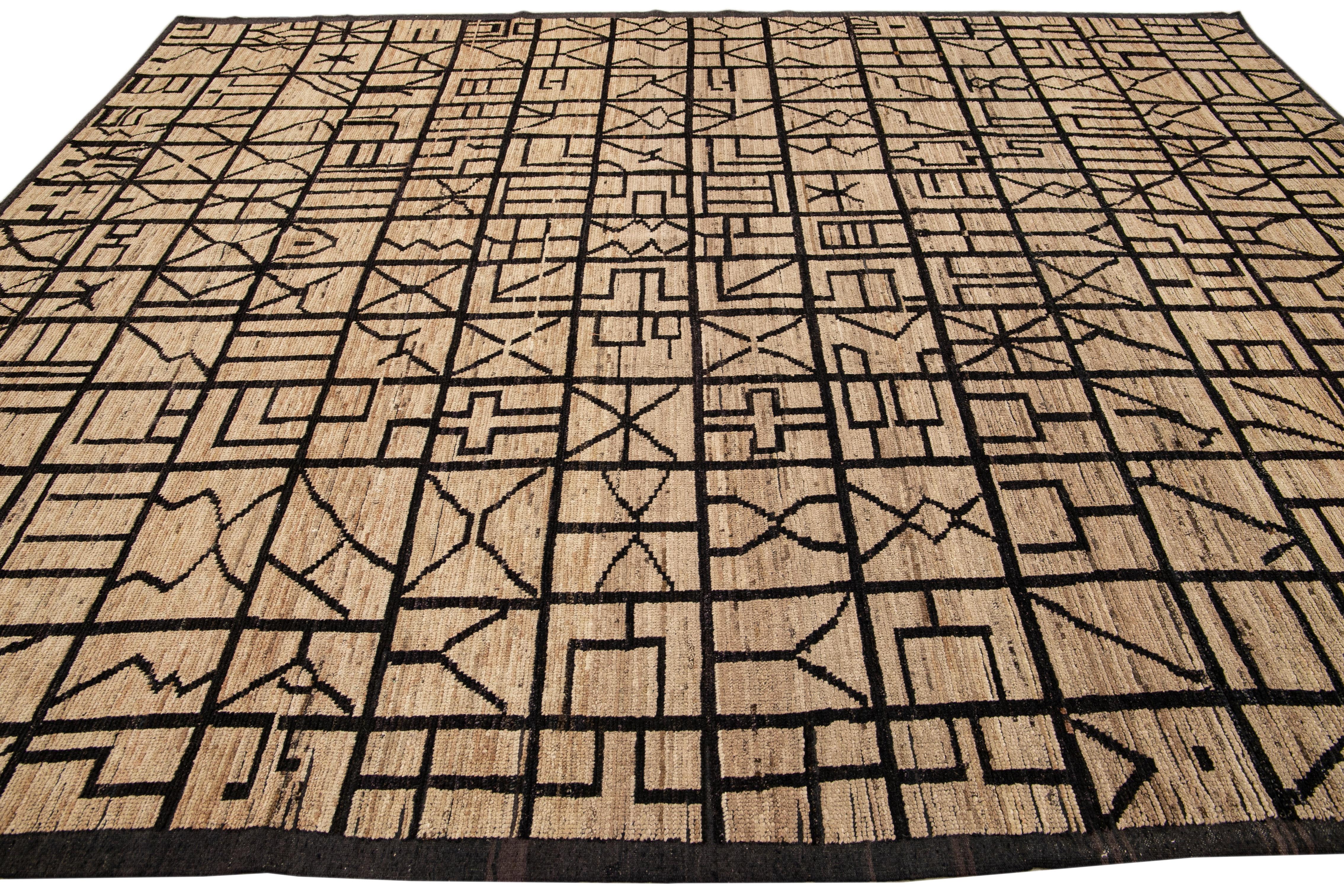 Hand-Knotted Modern Moroccan Style Brown Handmade Geometric Boho Pattern Wool Rug For Sale