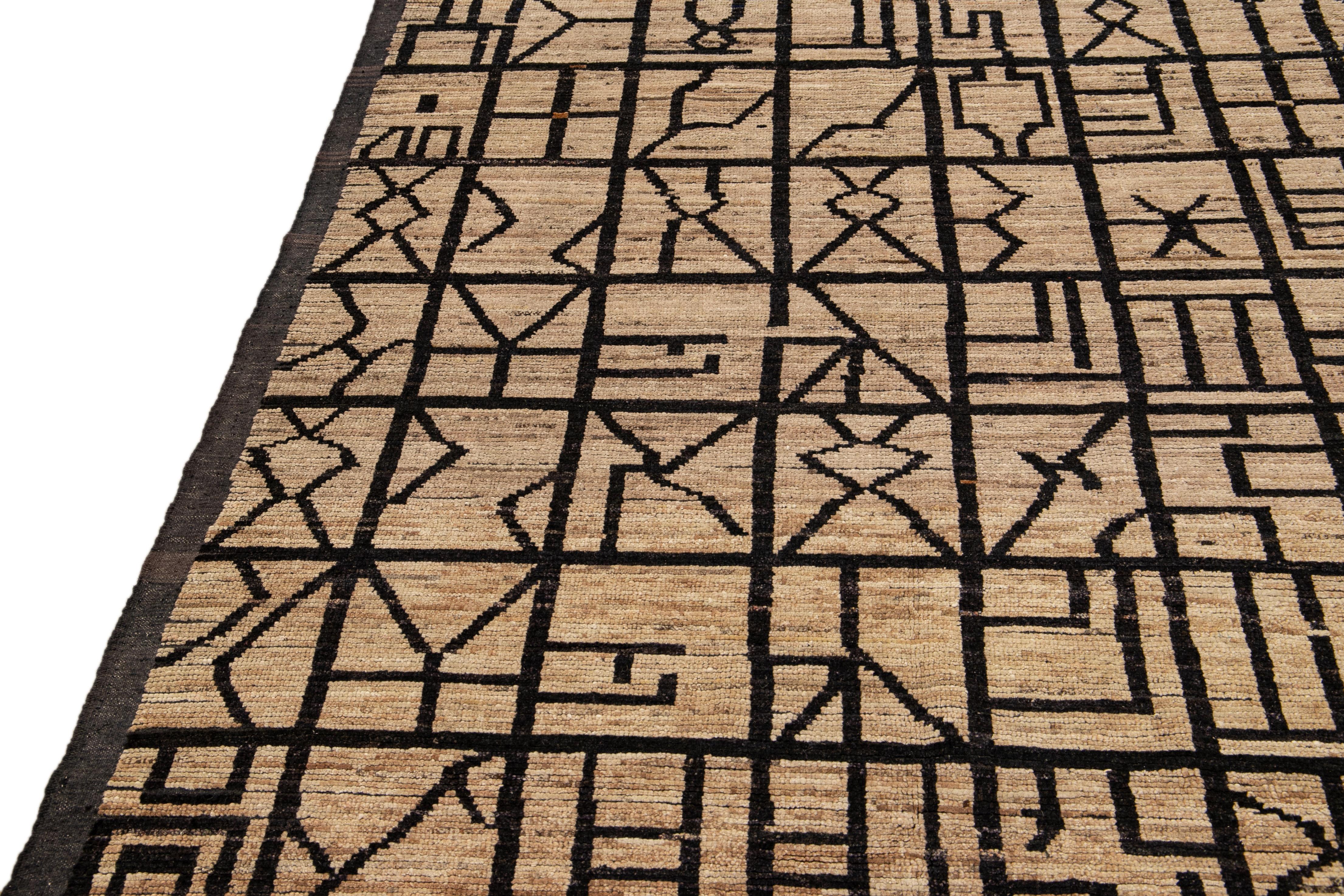 Modern Moroccan Style Brown Handmade Geometric Boho Pattern Wool Rug For Sale 1