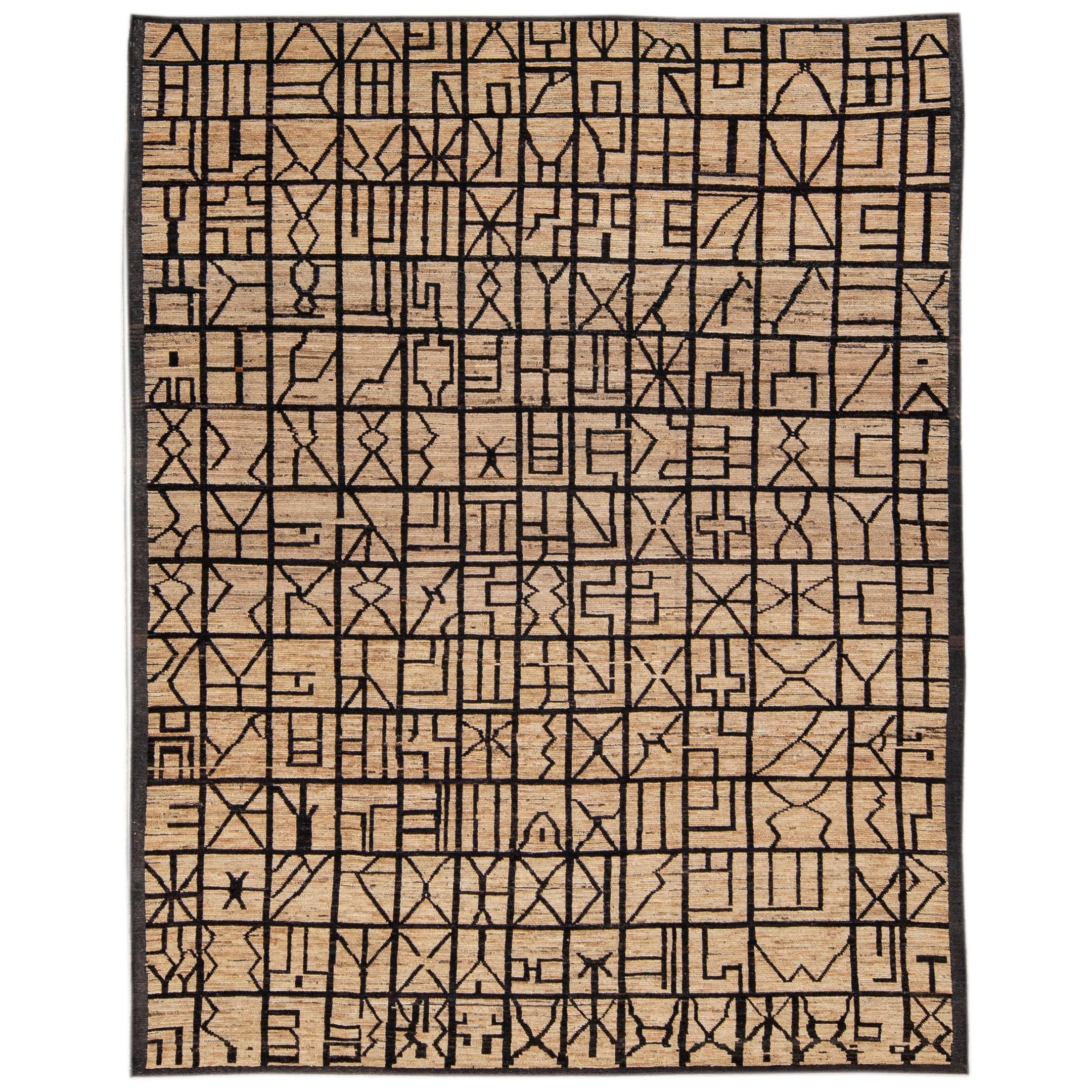 Modern Moroccan Style Brown Handmade Geometric Boho Pattern Wool Rug For Sale