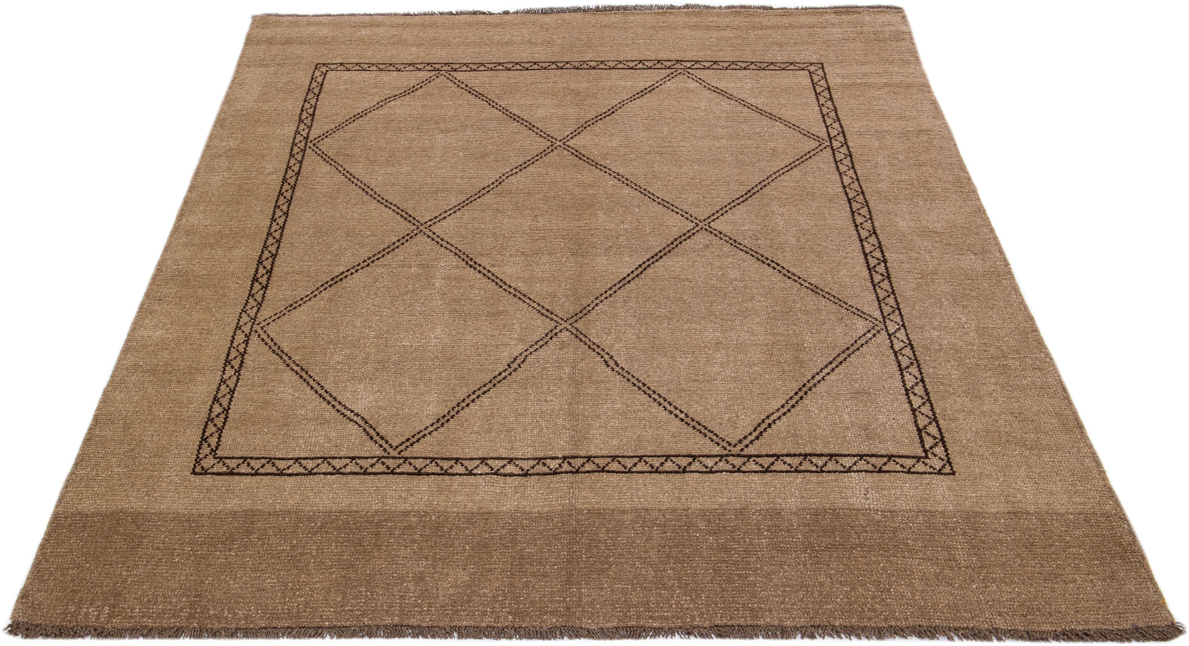Afghan Modern Moroccan Style Brown Handmade Geometric Square Wool Rug by Apadana For Sale