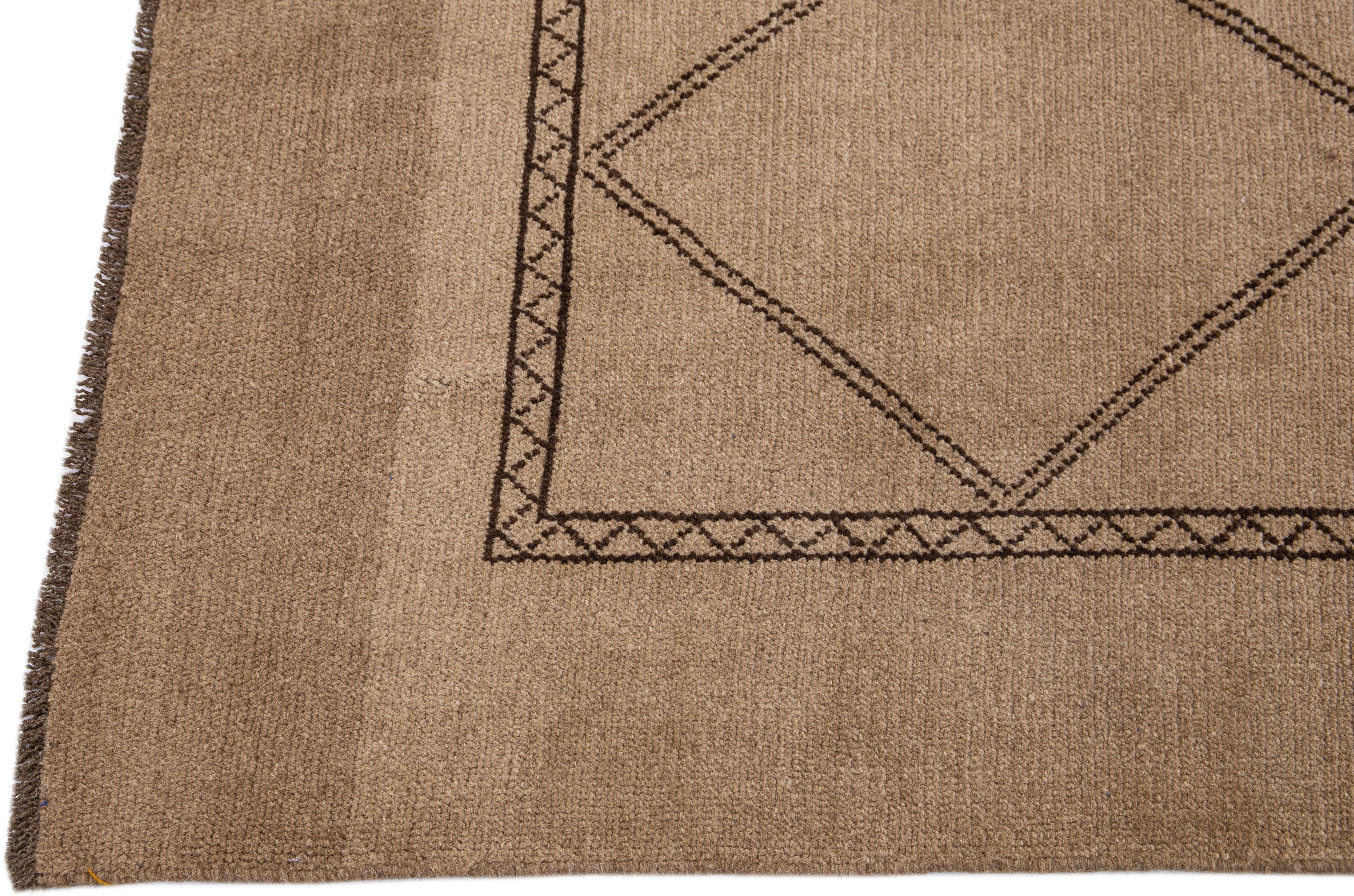 Hand-Knotted Modern Moroccan Style Brown Handmade Geometric Square Wool Rug by Apadana For Sale