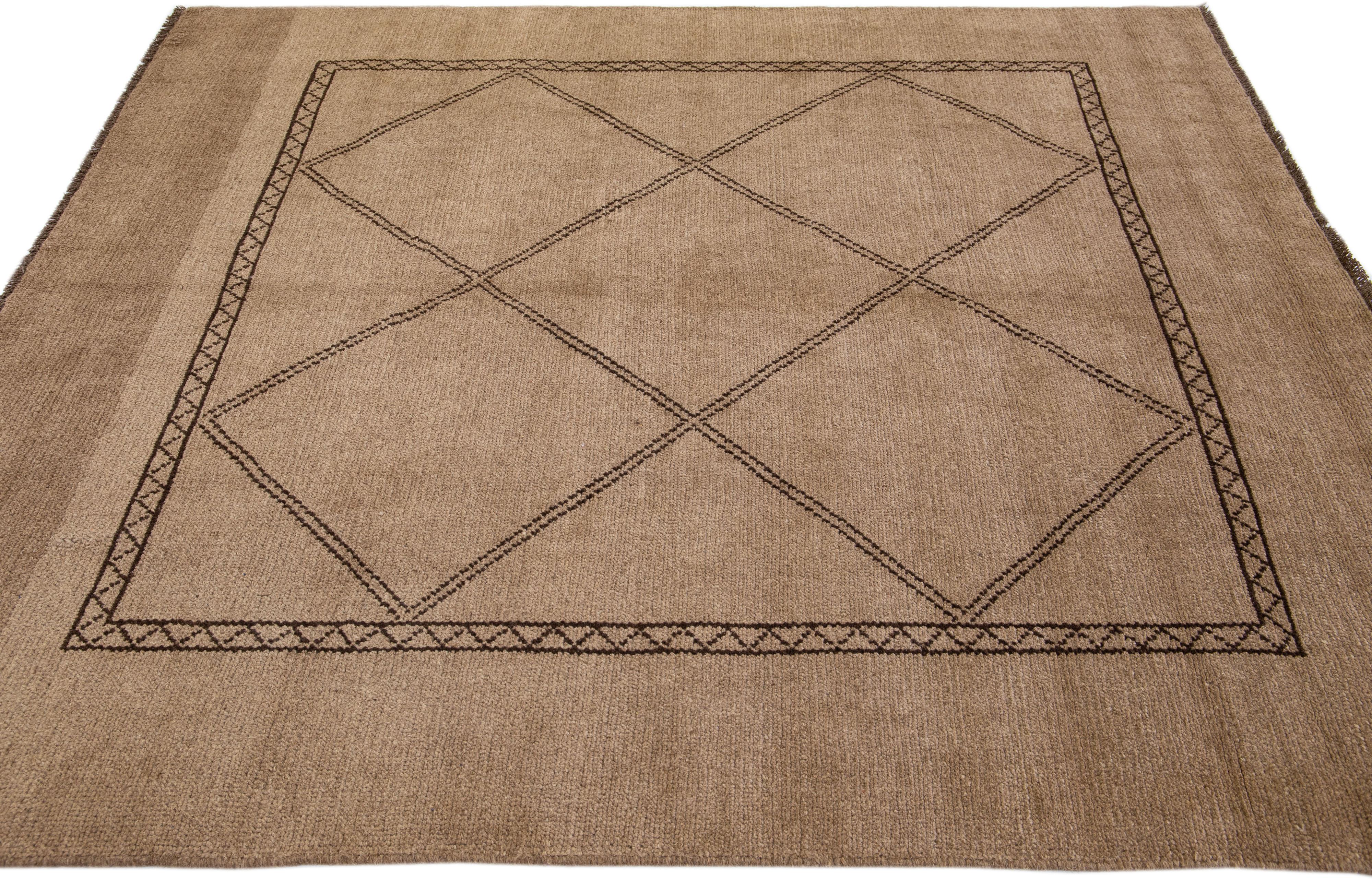 Modern Moroccan Style Brown Handmade Geometric Square Wool Rug by Apadana In New Condition For Sale In Norwalk, CT