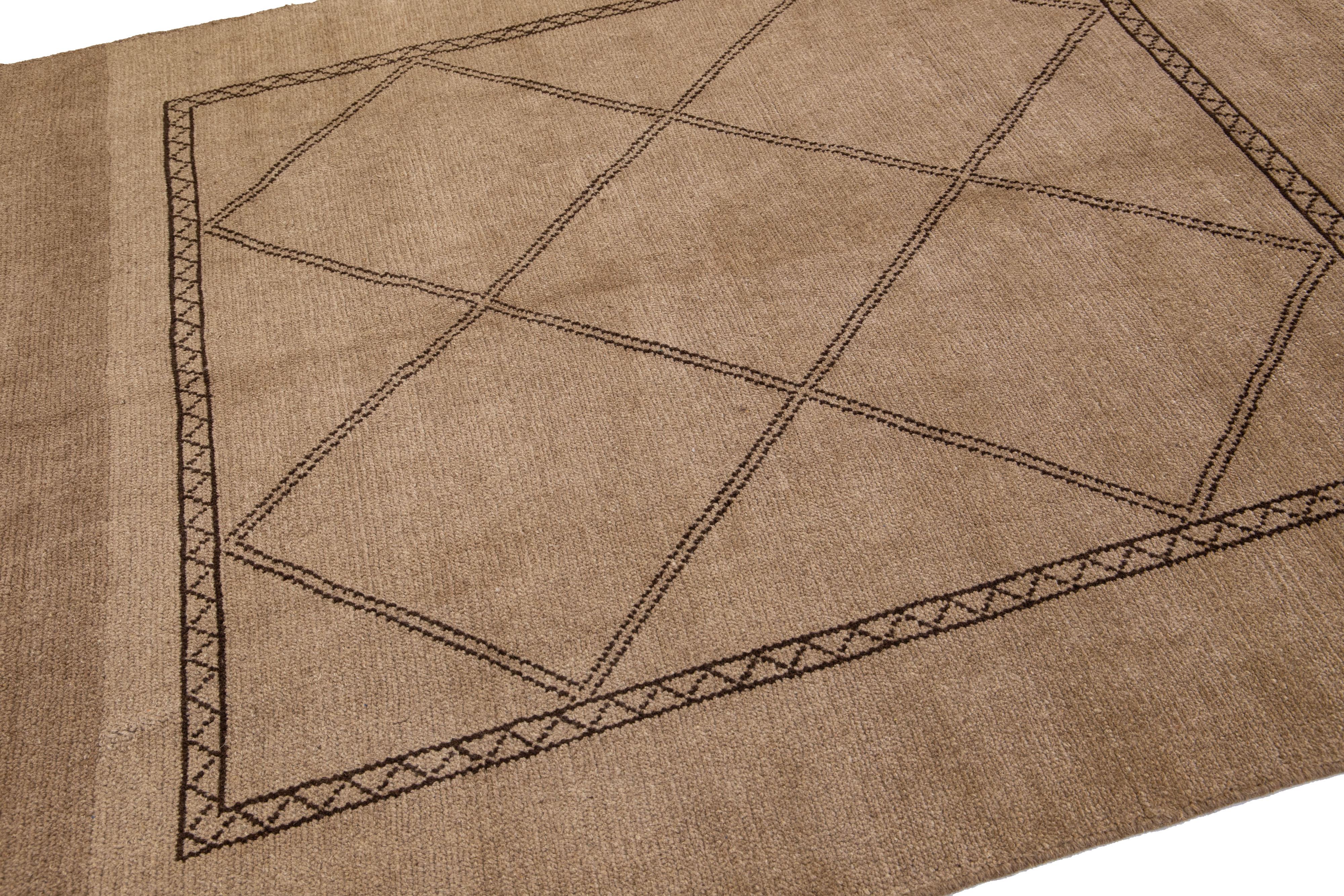 Contemporary Modern Moroccan Style Brown Handmade Geometric Square Wool Rug by Apadana For Sale