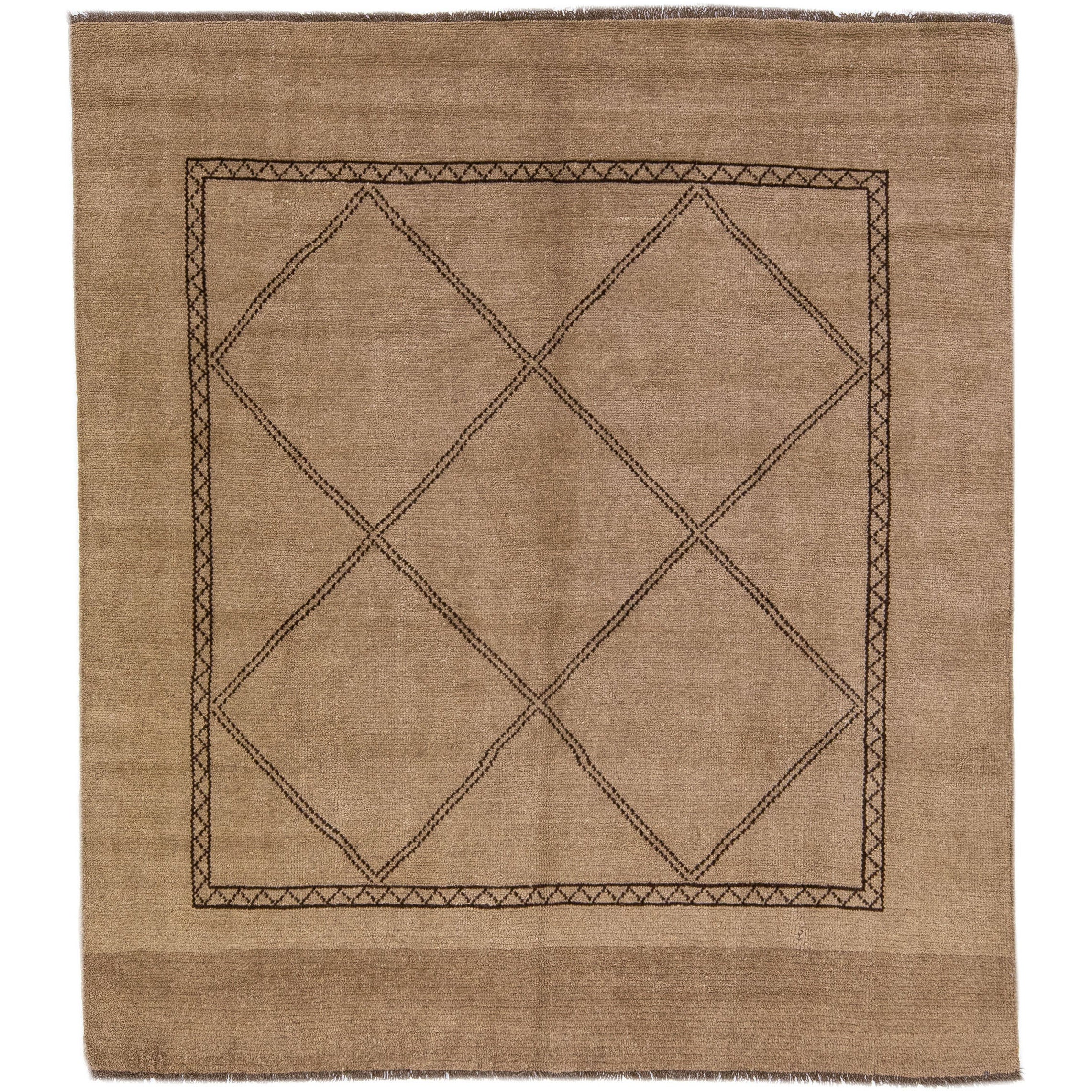 Tapis carré en laine marron de style marocain moderne et géométrique fait à la main par Apadana
