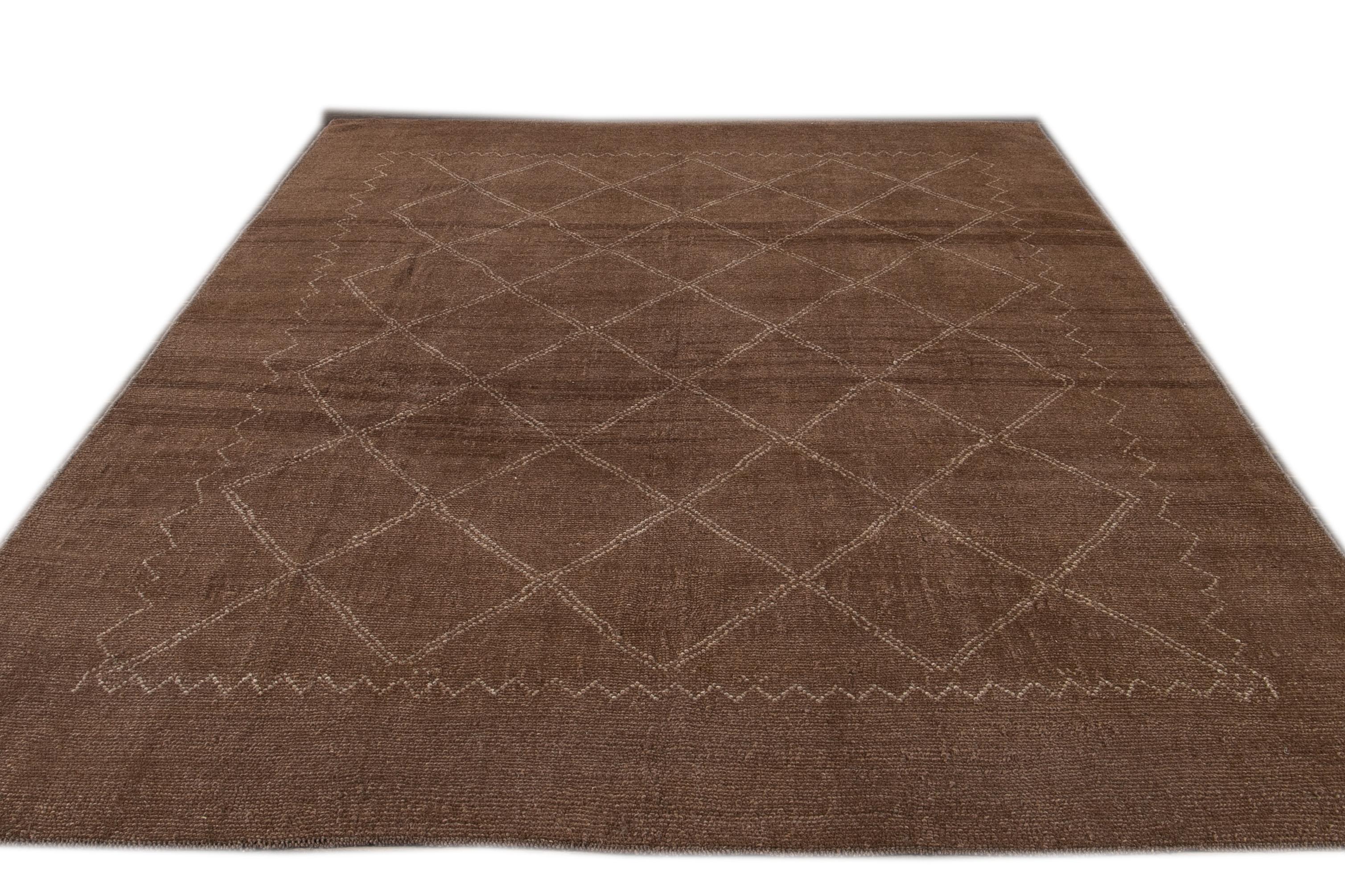 Afghan Modern Moroccan Style Brown Handmade Geometric Wool Rug For Sale