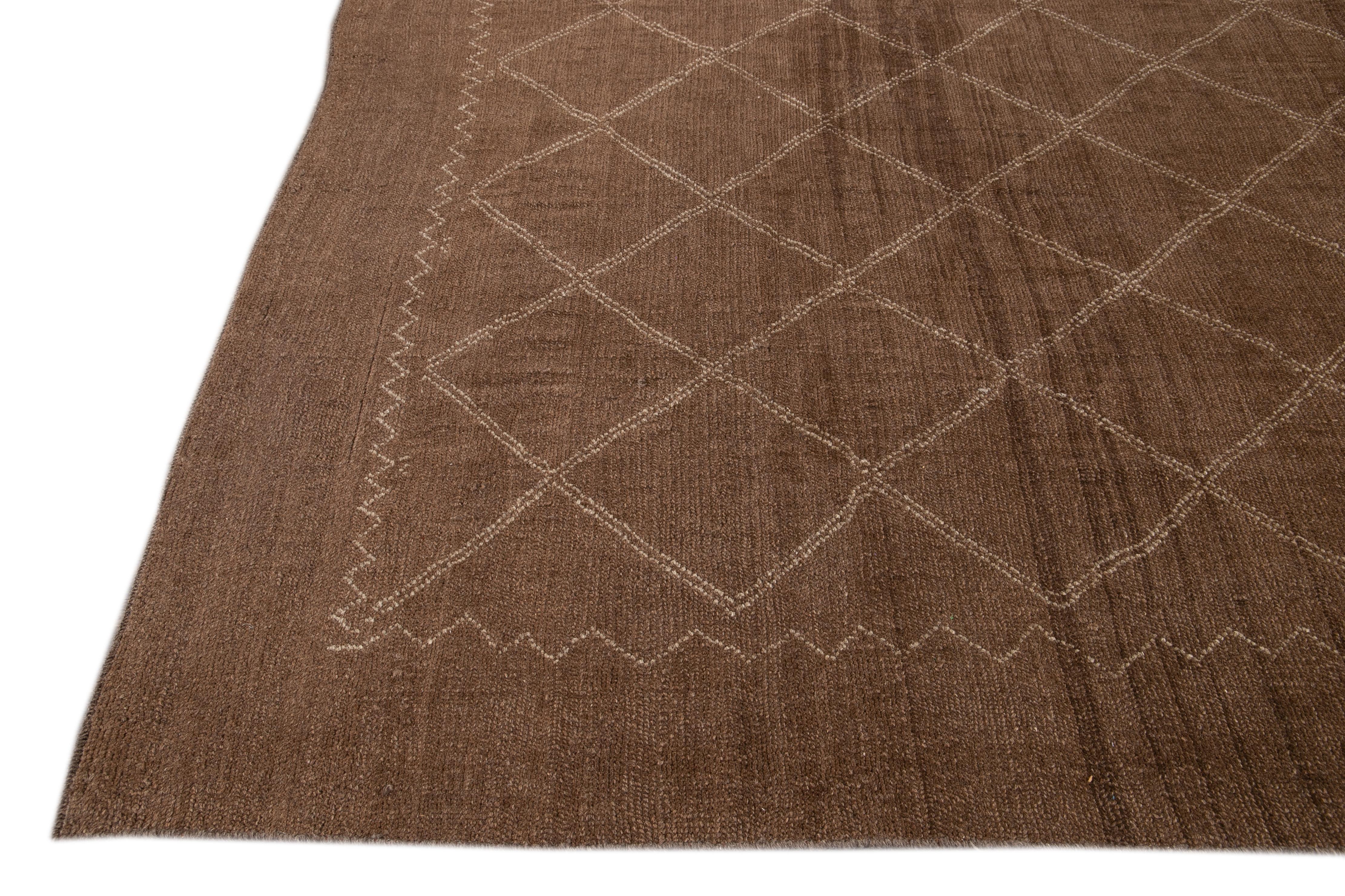 Hand-Knotted Modern Moroccan Style Brown Handmade Geometric Wool Rug For Sale