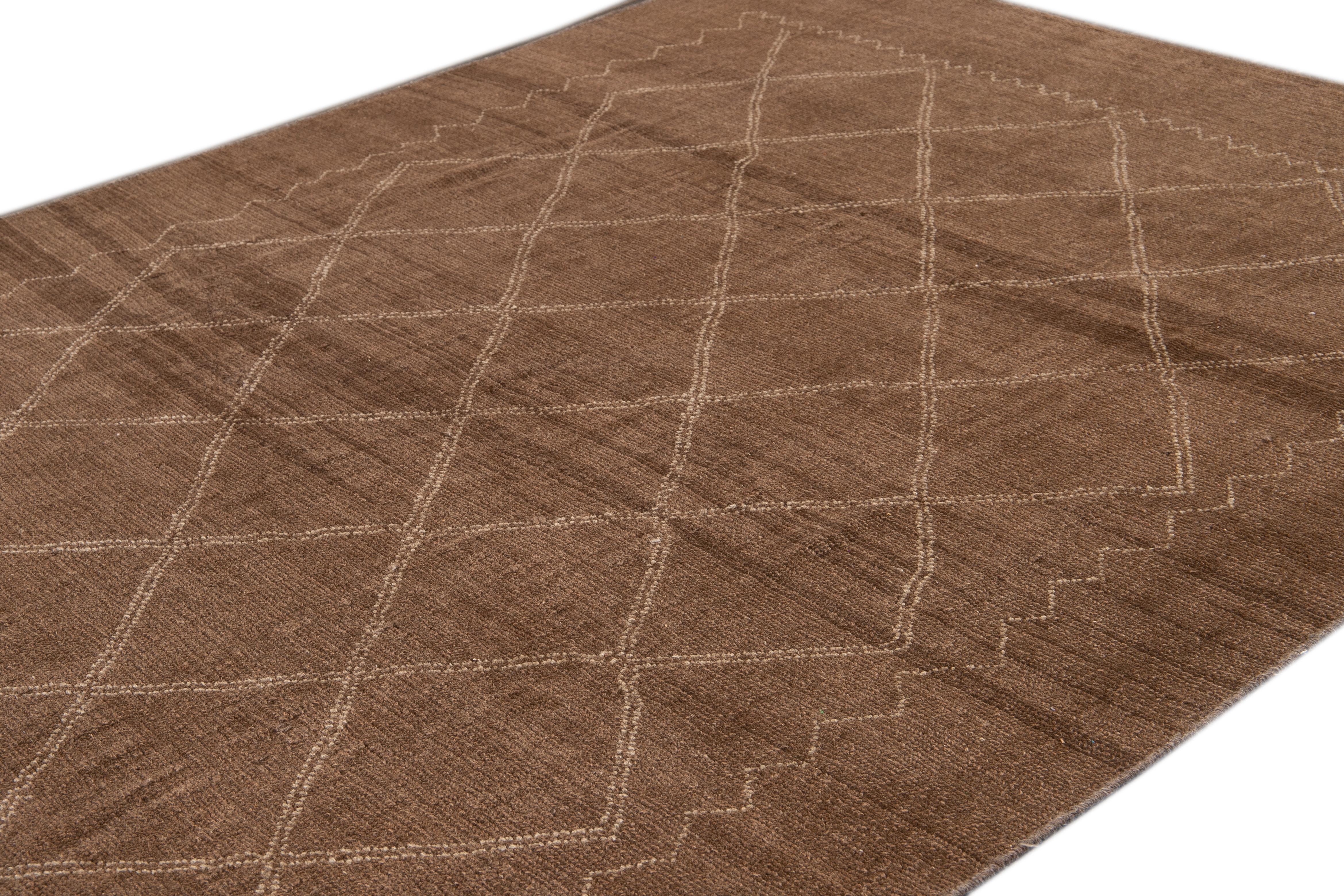 Modern Moroccan Style Brown Handmade Geometric Wool Rug In New Condition For Sale In Norwalk, CT