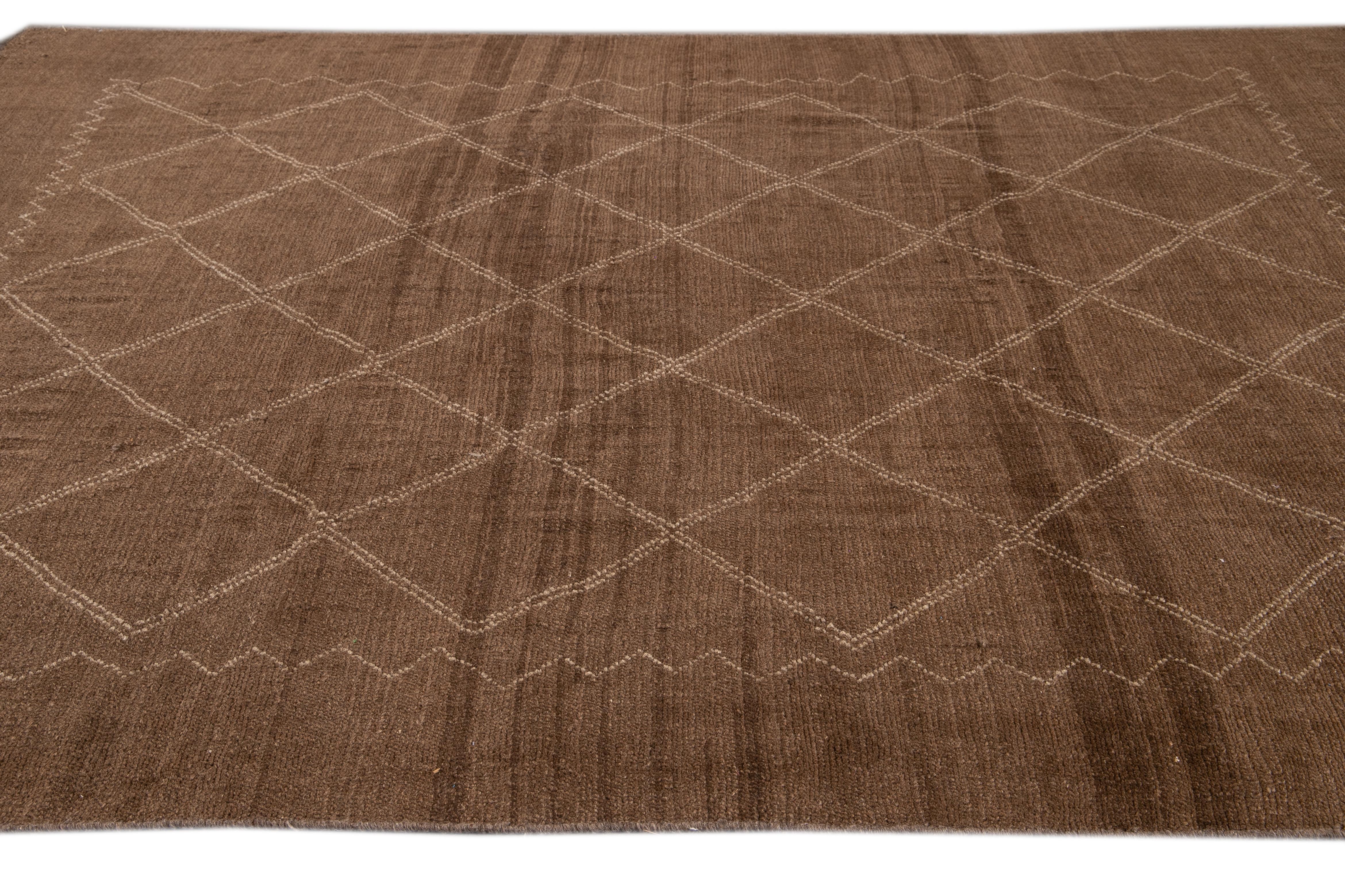 Contemporary Modern Moroccan Style Brown Handmade Geometric Wool Rug For Sale