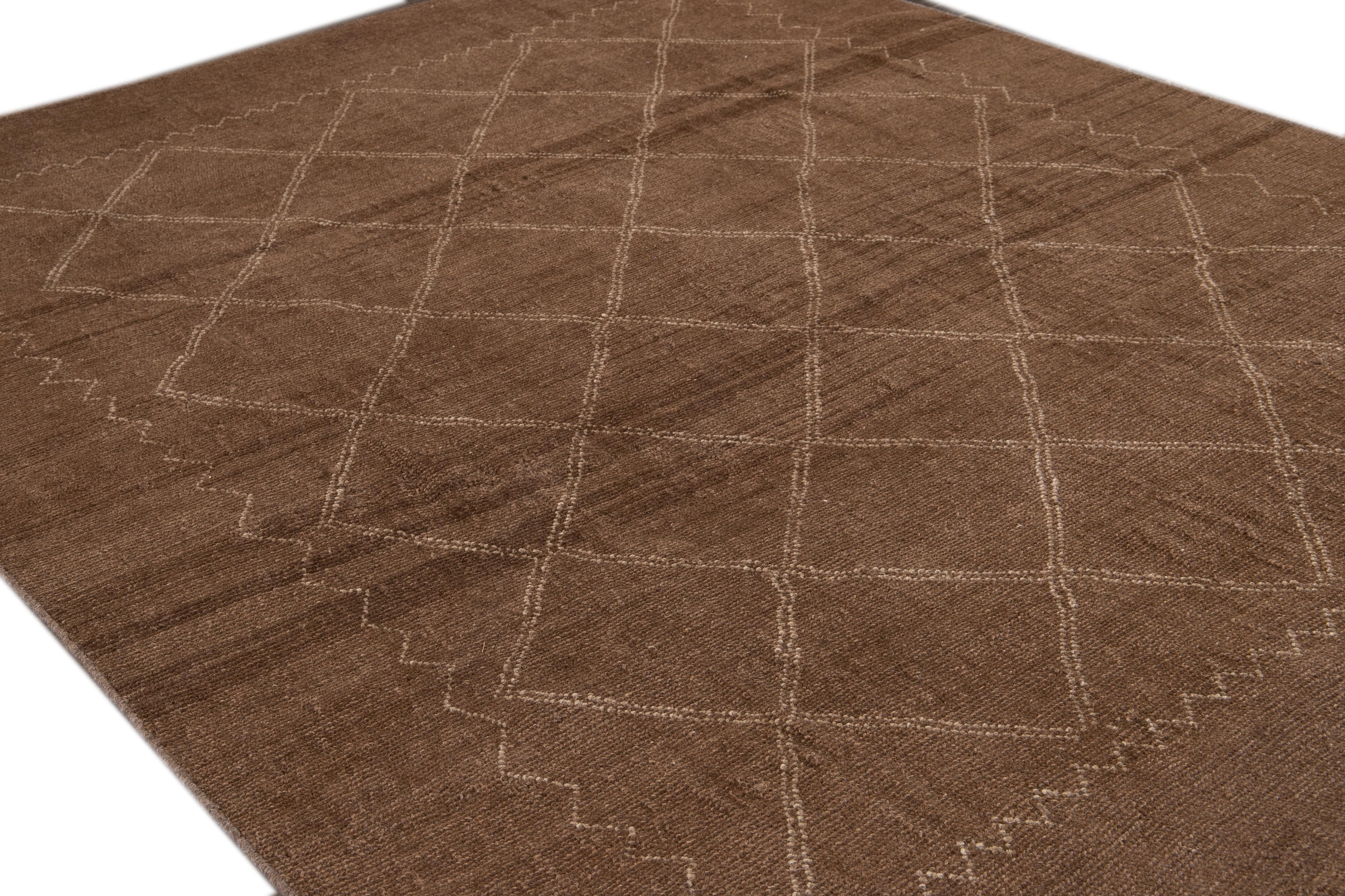 Modern Moroccan Style Brown Handmade Geometric Wool Rug For Sale 1