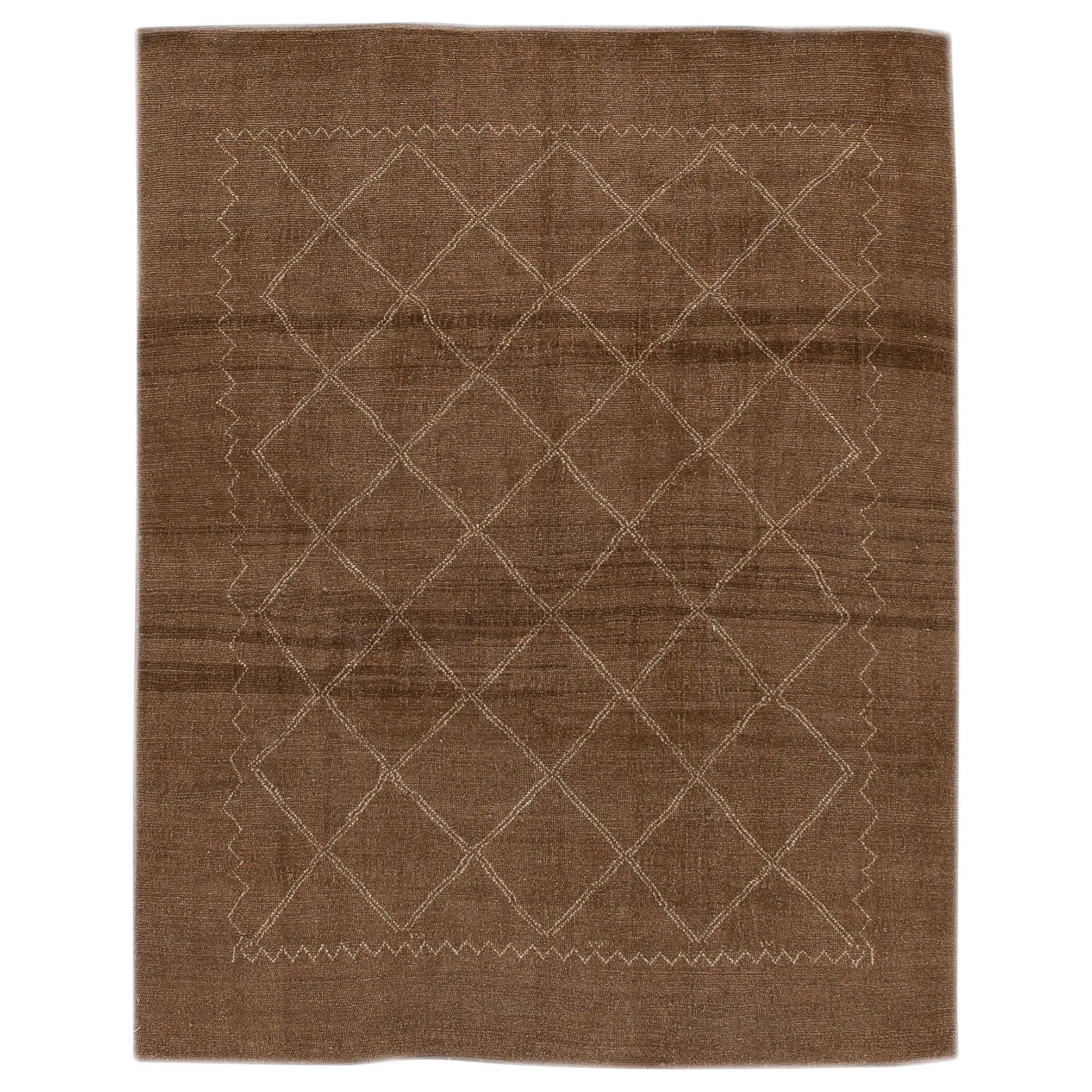 Modern Moroccan Style Brown Handmade Geometric Wool Rug