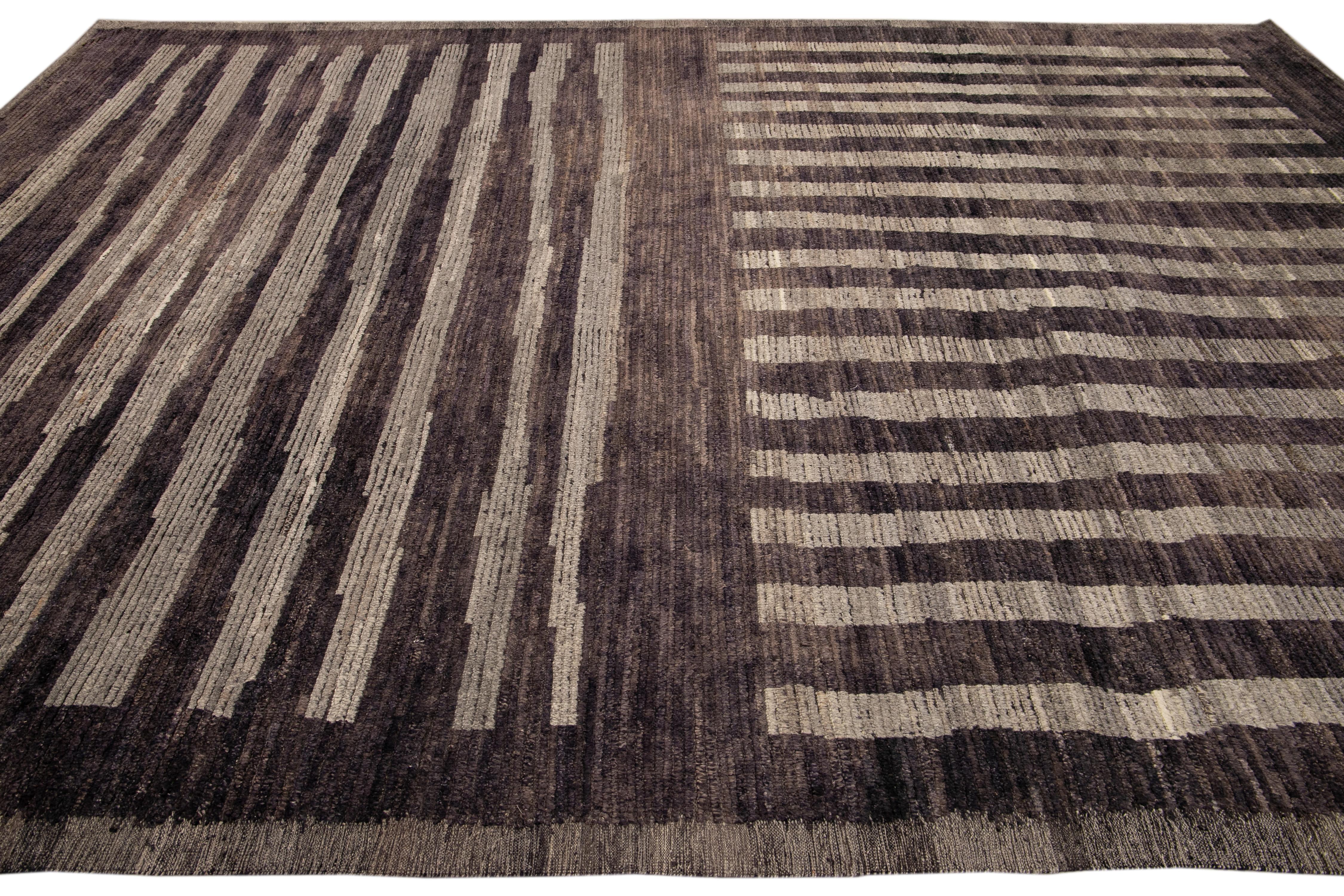 Hand-Knotted Modern Moroccan Style Brown Handmade Striped Motif Wool Rug For Sale