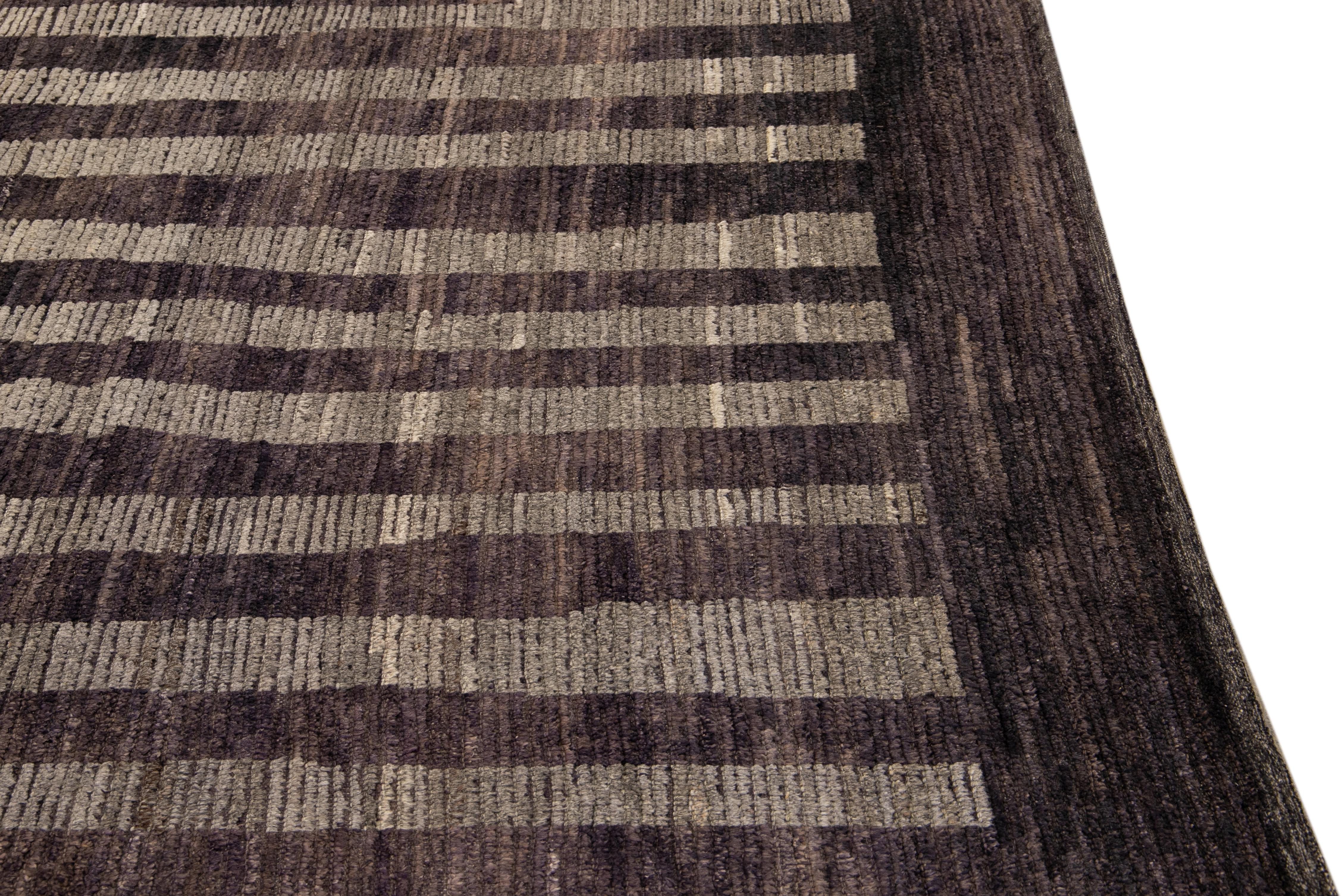Modern Moroccan Style Brown Handmade Striped Motif Wool Rug In New Condition For Sale In Norwalk, CT