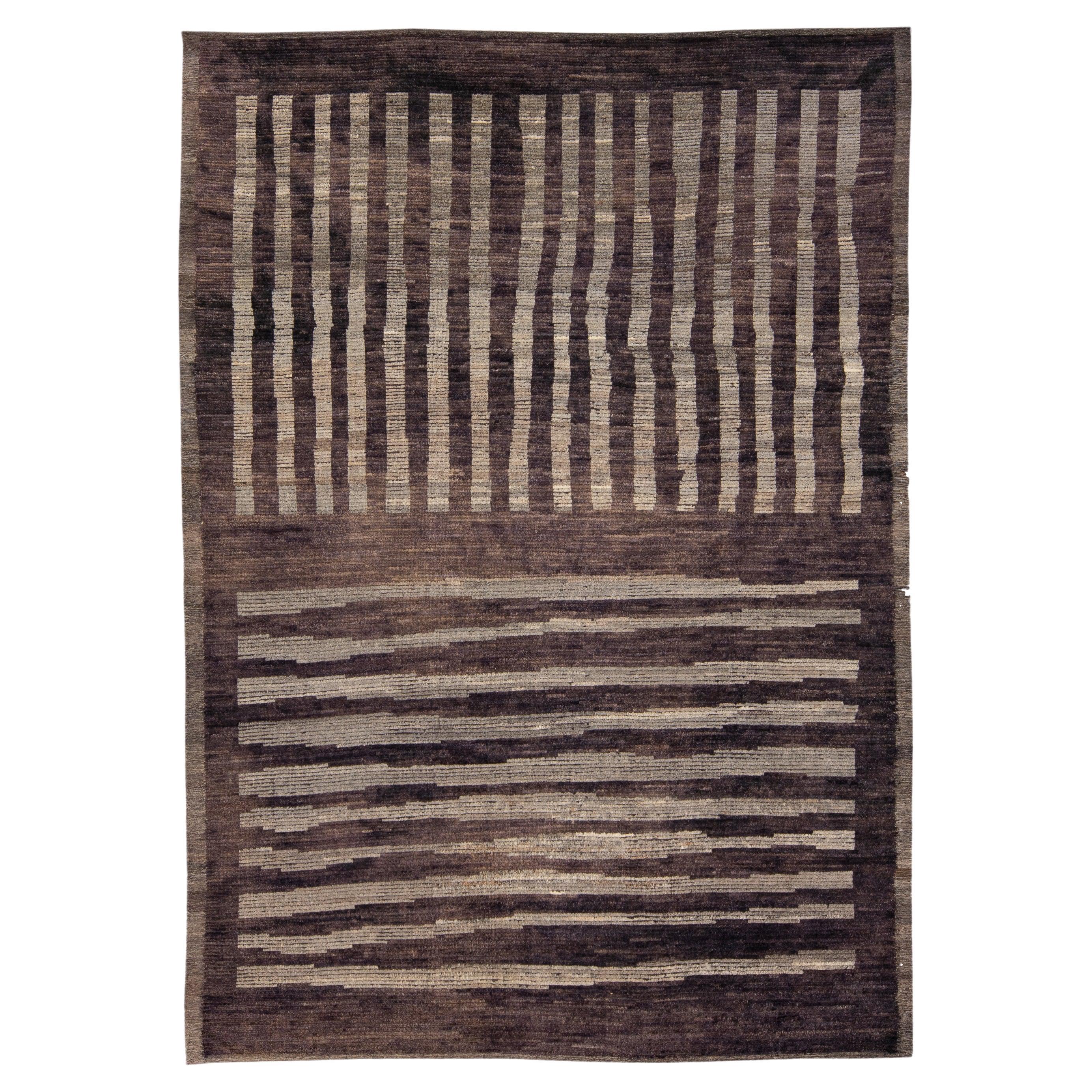 Modern Moroccan Style Brown Handmade Striped Motif Wool Rug For Sale