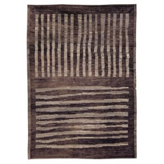 Modern Moroccan Style Brown Handmade Striped Motif Wool Rug