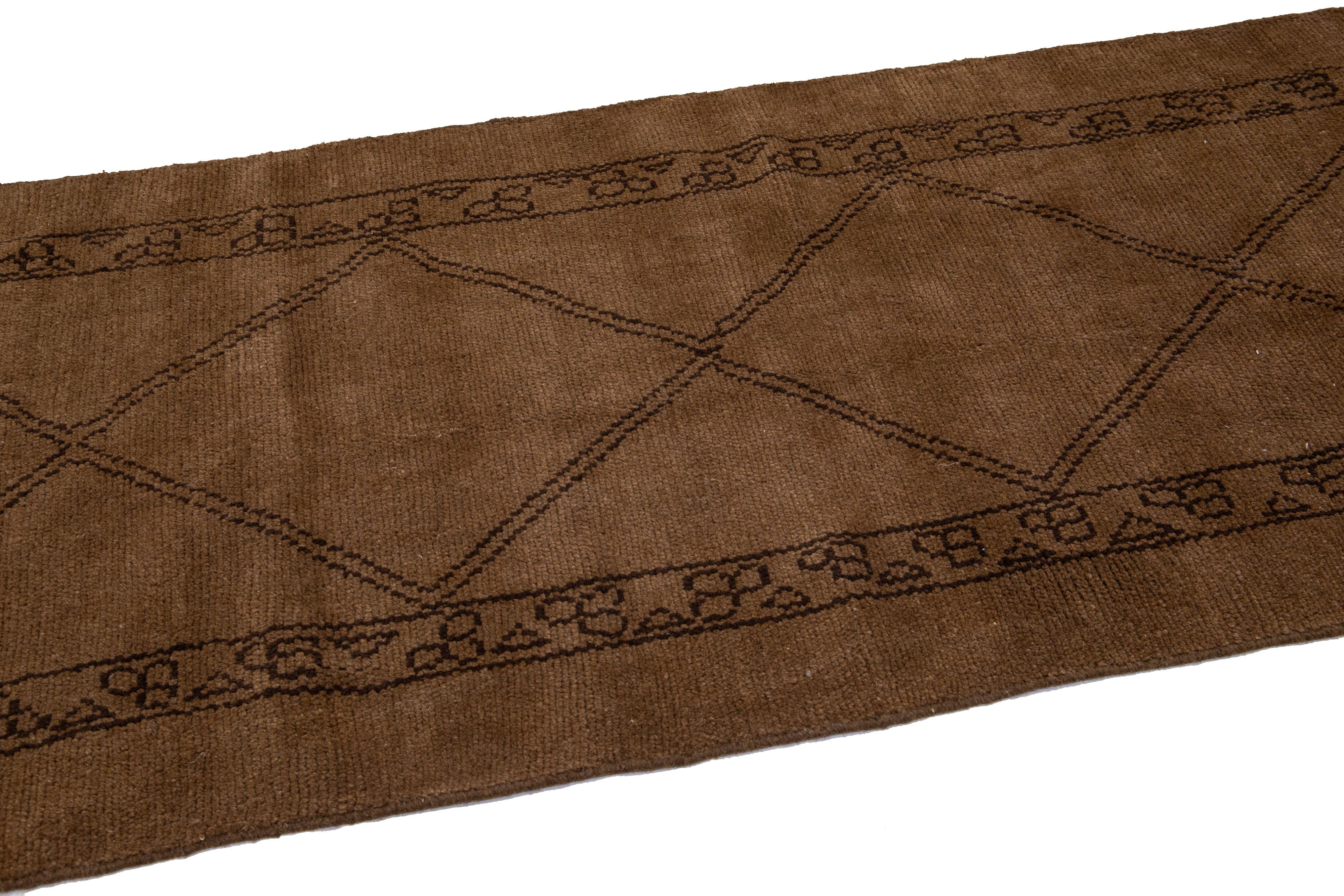 Modern Moroccan Style Brown Handmade Tribal Designed Wool Runner by Apadana In New Condition For Sale In Norwalk, CT